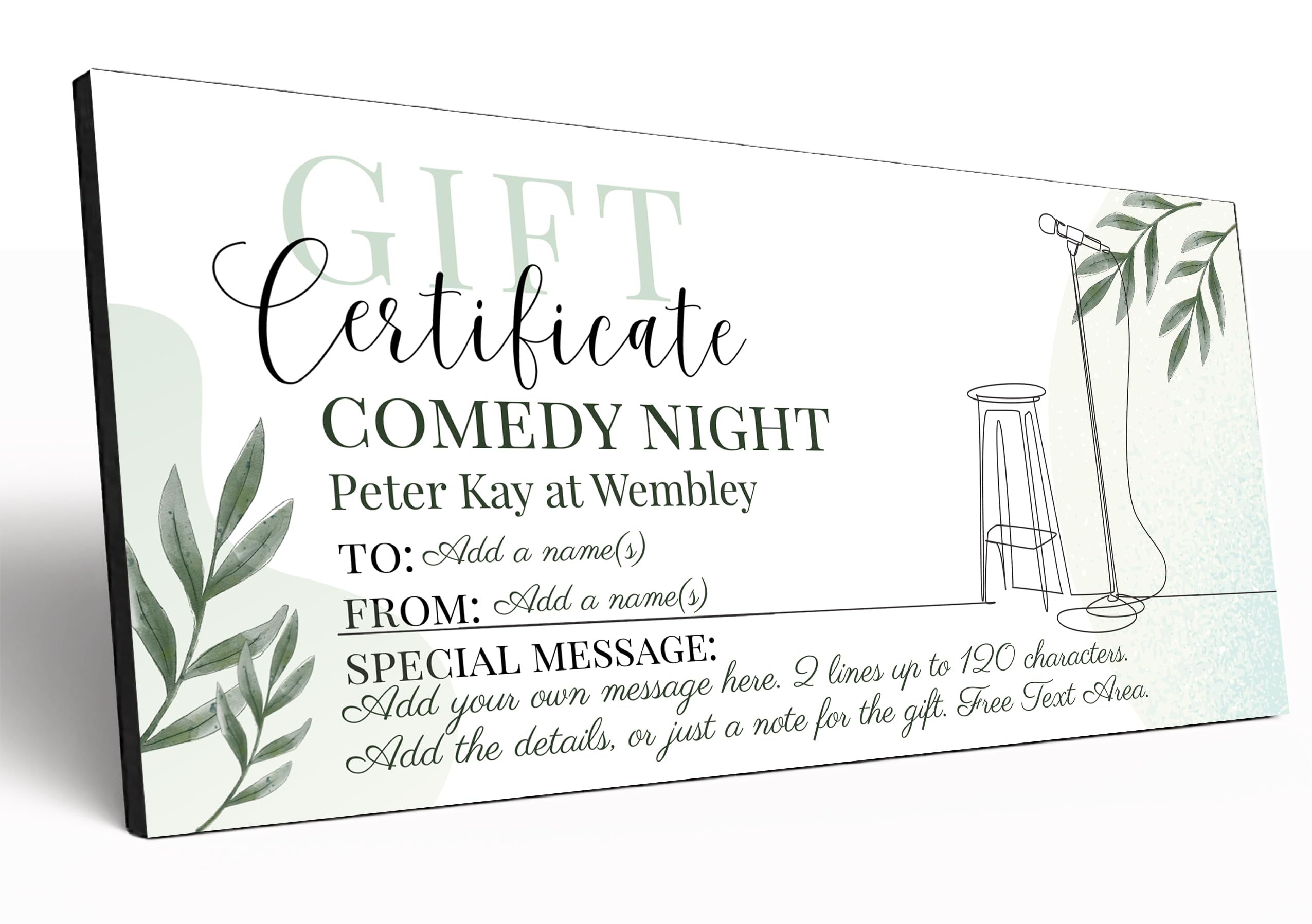 The Plum Penguin Customisable Gift Certificate 6mm MDF Personalised Gift Voucher Experience Event Gift Elegant Botanical Design (Comedy Night)