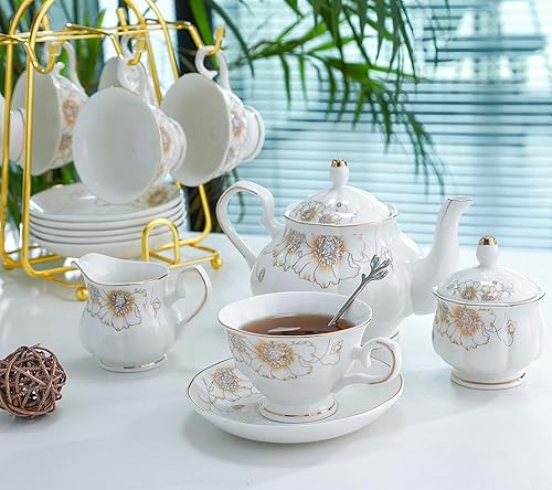 Vista 2 de CHENP.HMC Tea Set 22-Piece Porcelain Ceramic Coffee Tea Gift Sets Cups Saucer Service for 6 Teapot Sugar Bowl Creamer Pitcher and Teaspoons Blanco