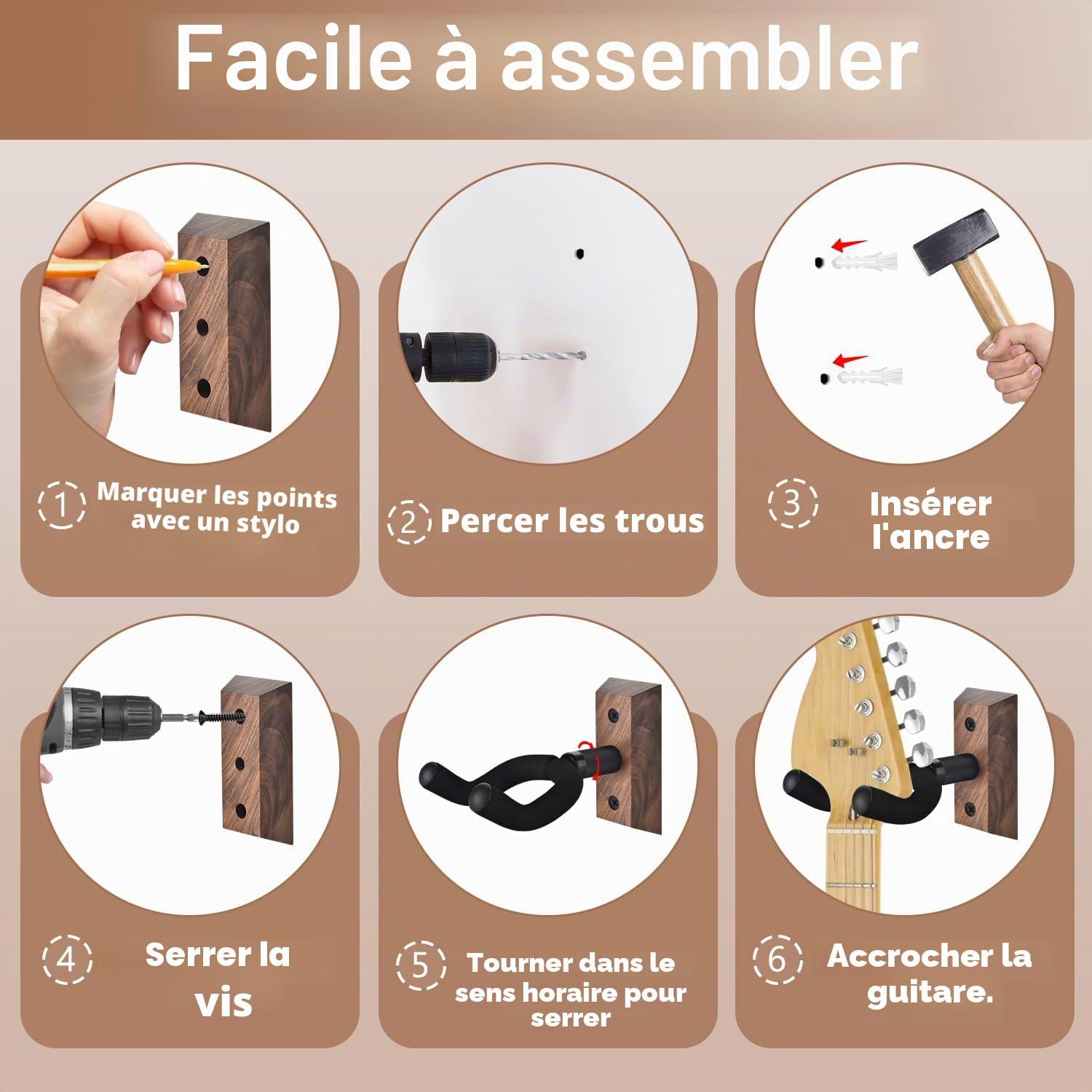 Support Guitare Mural 4 packs, Support Mural Guitare avec Crochet de Guitare Souple Réglable pour Toutes les Tailles de Guitare, Support Mural en Forme de U en bois dur pour Guitare Acoustique, Basse