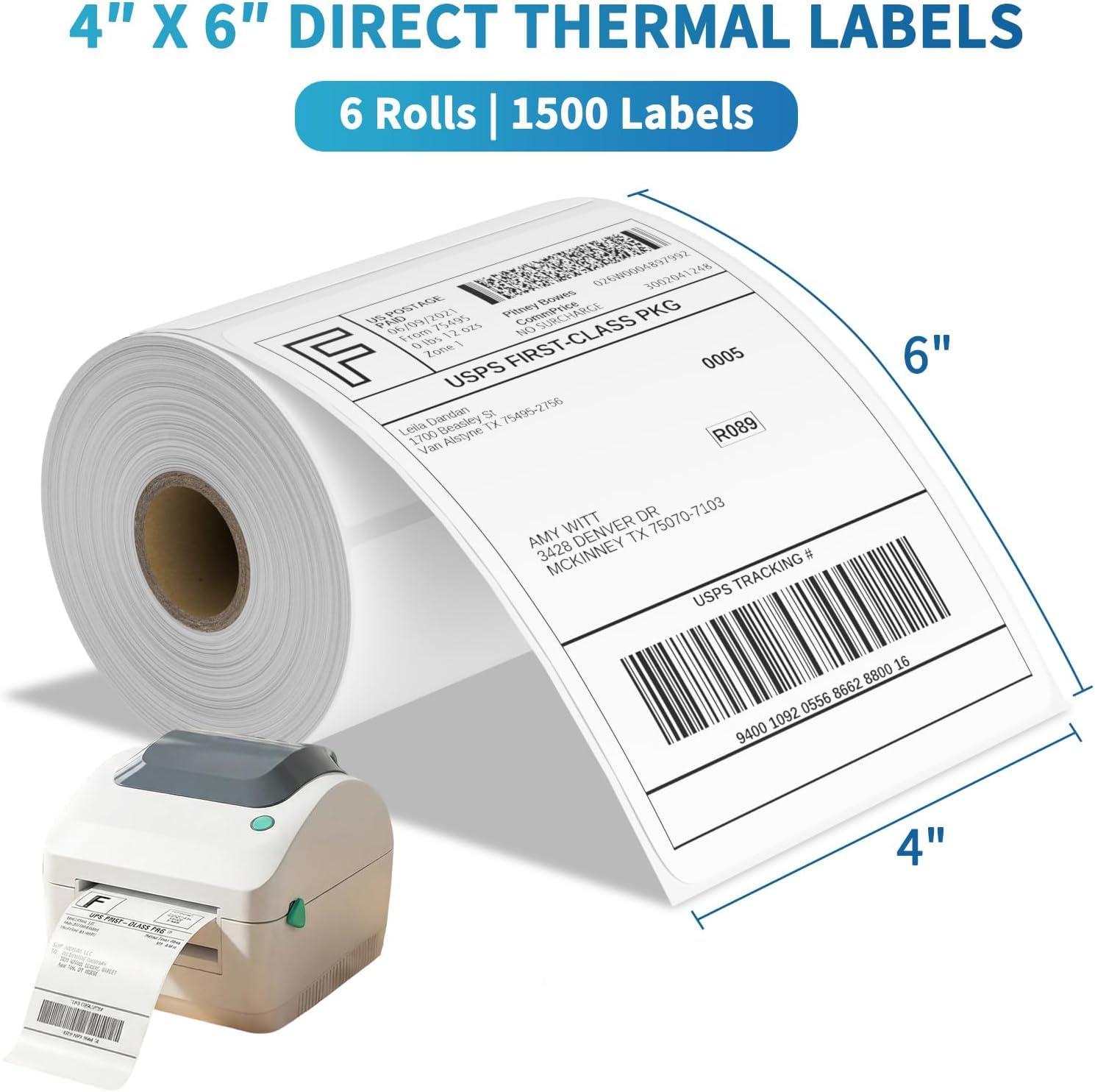 Etichette per spedizione termica diretta vuote 4x6 per Zebra 2844 Zp-450 Zp-500 Zp-505,250/Roll, totale 6 rotoli