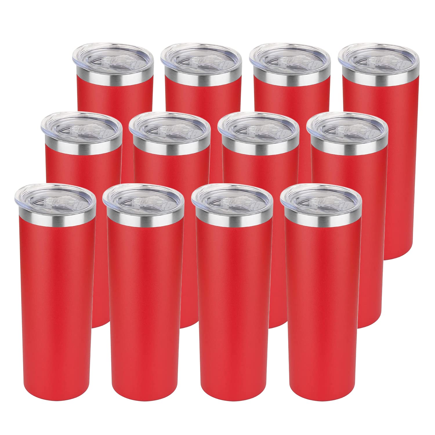HASLE OUTFITTERS 20 oz Skinny Tumblers Bulk Set, Stainless Steel Insulated Slim Tumblers with Lids, Reusable Double Wall Travel Coffee Mugs, Durable Powder Coated Travel Water Cups(Red, 12)