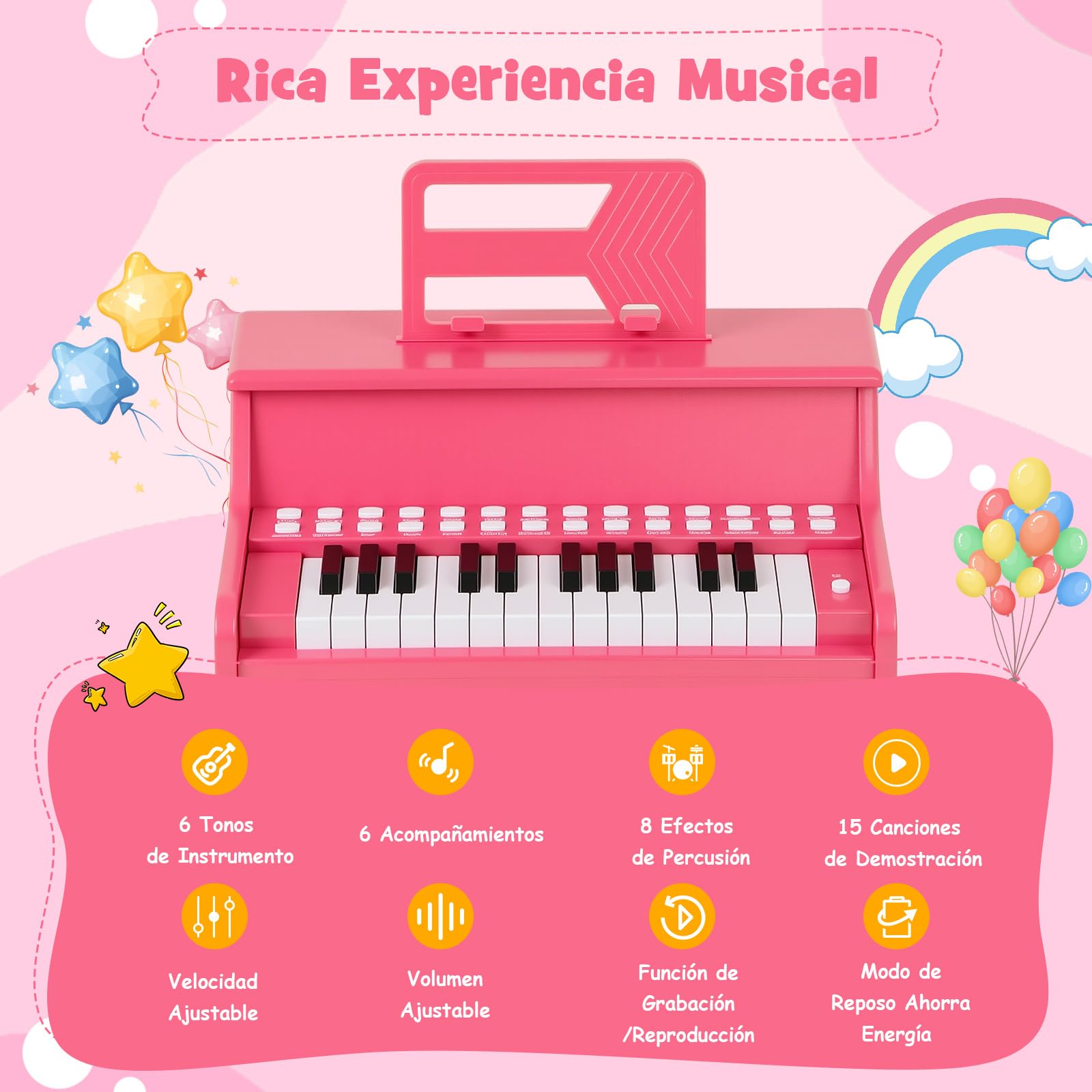 COSTWAY Piano Infantil de 25 Teclas, Organo Electronico Niños, Juguete Piano de Madera con Velocidad y Volumen Ajustables, Modo de Enseñanza, Atril, Instrumento Musical Infantil 3+ Años (Rosa)