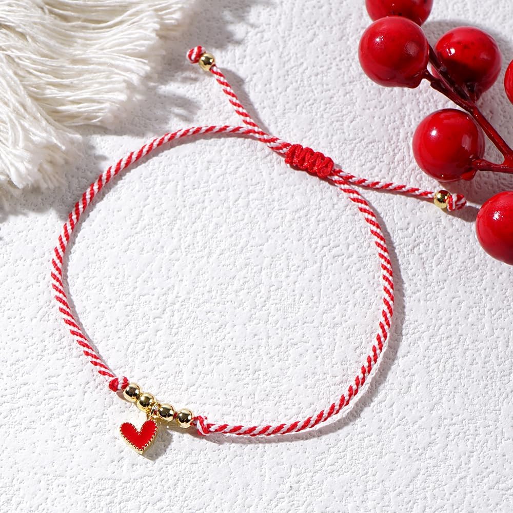 Valentines Heart Bracelet for Women,Handmade Bohemian Red White String Adjustable Bracelet Romantic Valentines Gifts for Her - Image 4
