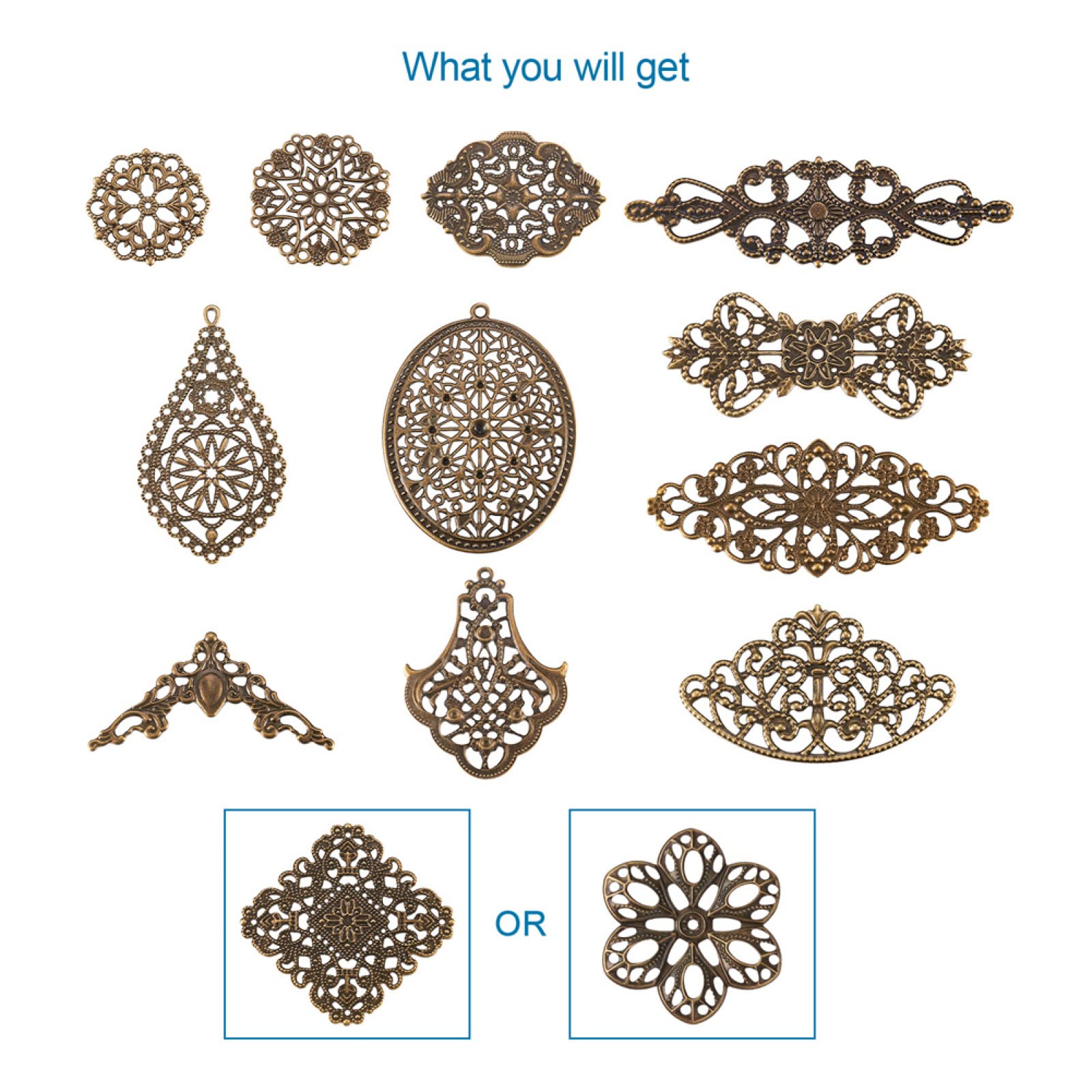 Mega Pet 120pcs Antique Bronze Iron Filigree Pendant Links Mixed Tibetan Metal Connector Charms for DIY Earrings Bracelet Necklace Jewelry Making Findings