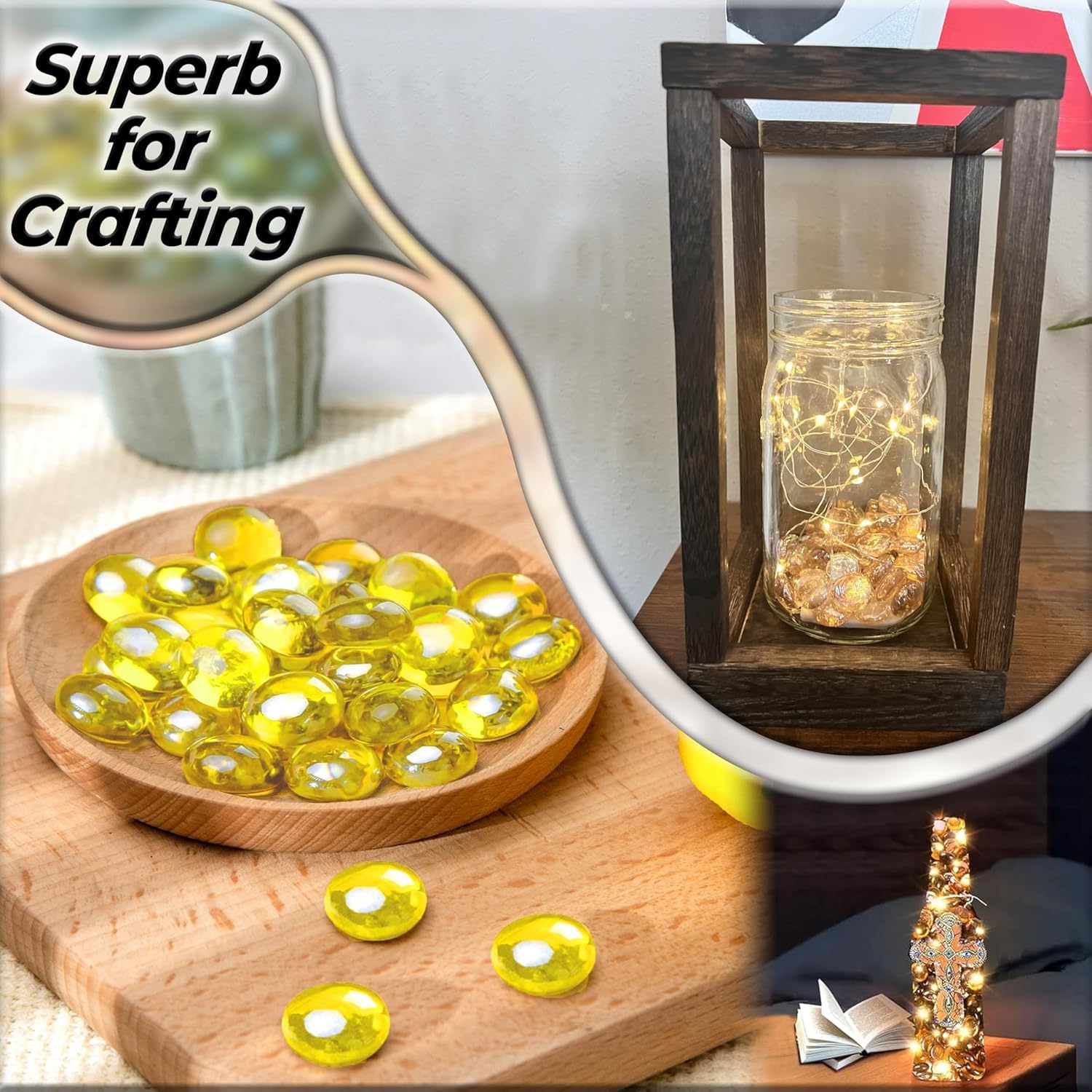 ARSUK – Galets de Verre Jaune 455 g 70-80 pcs Ø17-20 mm – Pierres Décoratives, Cailloux Plat, Perles de Verre, Gravier Aquarium, Remplissage Vase, Mariage, Art Floral, Mosaïque, DIY Décoration Maison