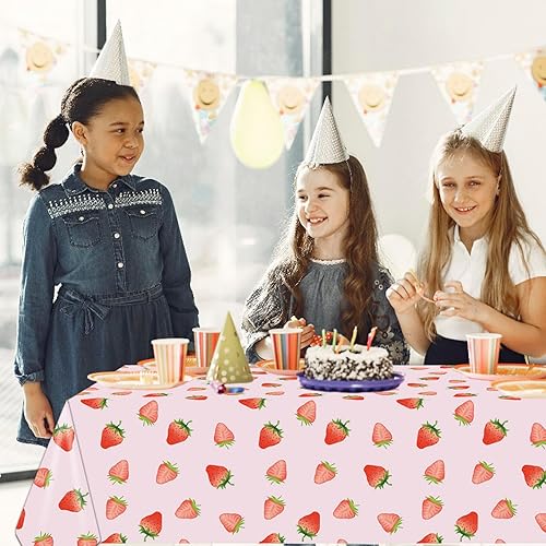 Miniatura 3 de HTONTB 3 manteles de fiesta de fresa, decoración de cumpleaños de fresa, 54 x 108 pulgadas, desechables, de plástico, rectangular, para niños y