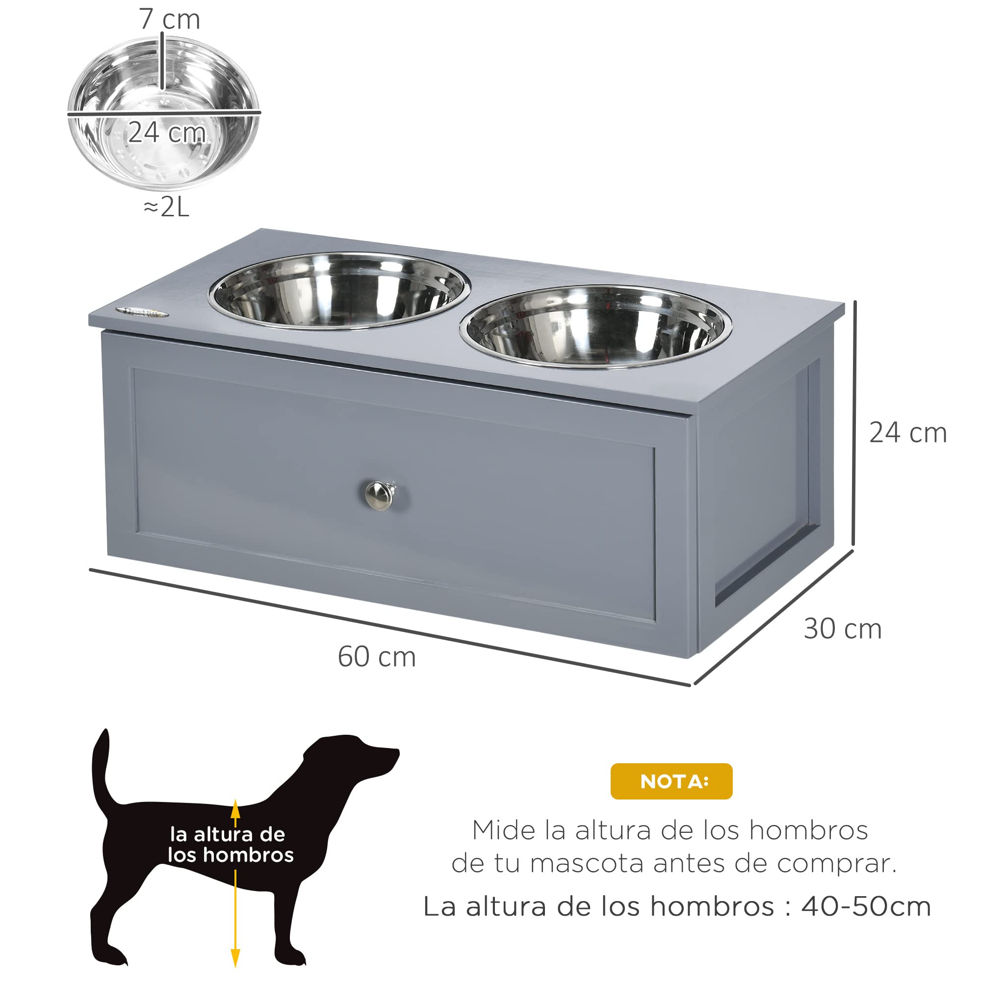 PawHut Comedero Elevado para Perros Medianos con 2 Cuencos de 2000 ml de Acero Inoxidable Comedero Alto para Perros con 1 Cajón 63x30x24 cm Gris