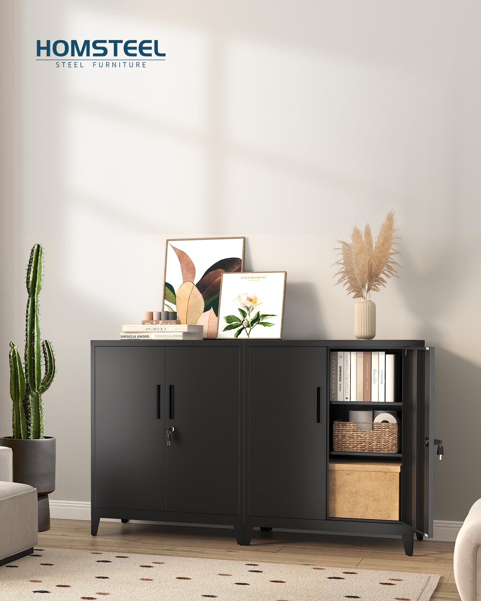 Aktenschrank, abschließbarer Garagenschrank, 2 Ebenen Büroschrank, Werkstattschrank mit verstellbaren Regalen, für Büro, Garage und Hauswirtschaftsraum, 40 x 80 x 100 cm, Schwarz
