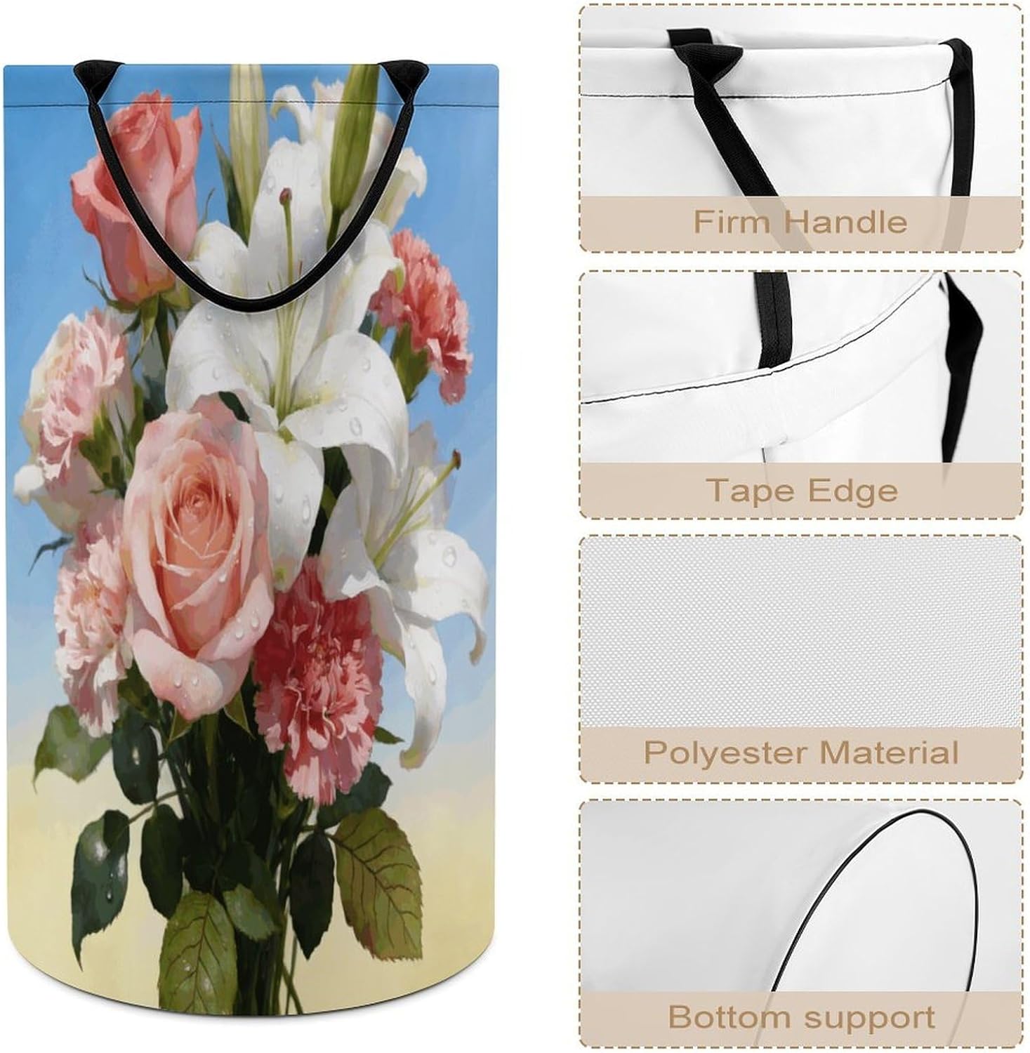 Bright Light Flower Charm Laundry Hamper Fashion Dirty Laundry Hamper Portable Laundry Hampers with Handles Lightweight Large Clothes Storage Basket for Bedroom Bathroom