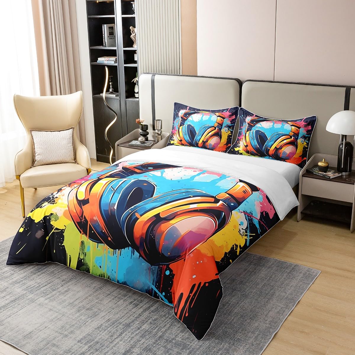 Homemissing Kids Headphones Duvet Cover 100% Cotton Hippie Graffiti Style Bedding Set Double for Boys Girls Street Culture Comforter Cover Set Grunge Art Bedspread Cover With 2 Pillow Case - Image 3
