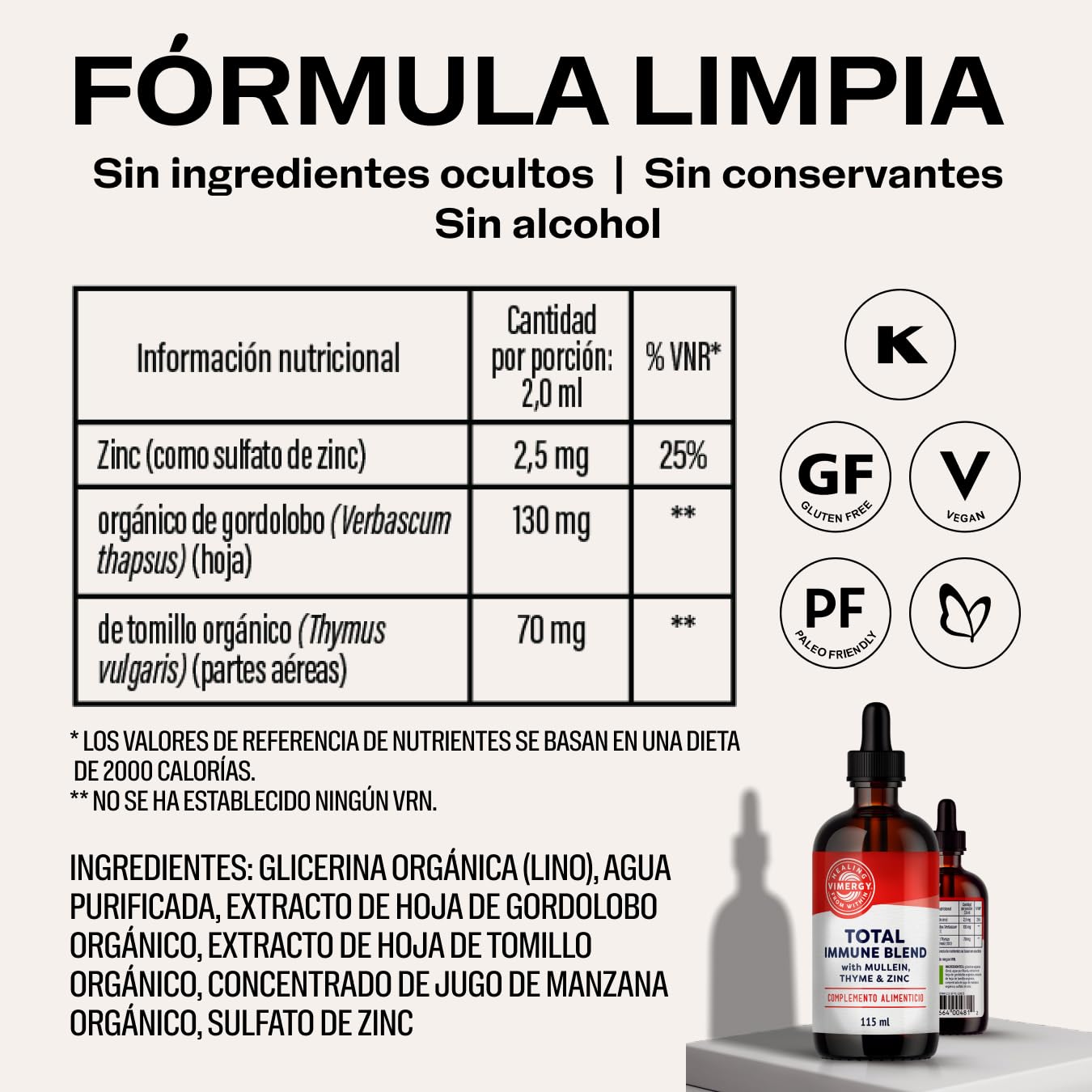 Vimergy Total Immune Blend – 115 ml, 57 Dosis – Gotas de Refuerzo para Defensas Inmunitarias en Adultos - Suplemento de Zinc, Tomillo y Gordolobo para Todas las Estaciones – Vegano, Sin OMG
