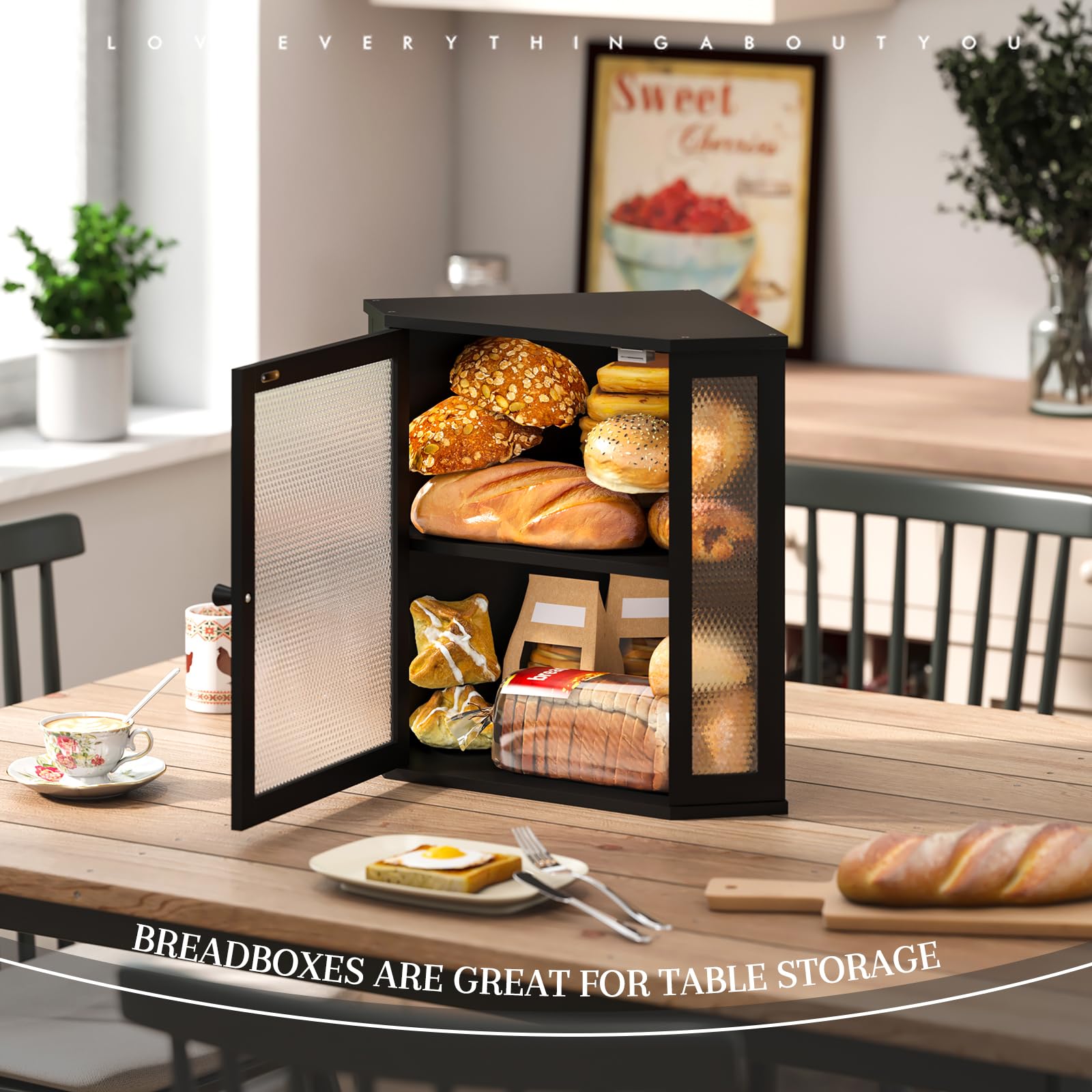 STDDRE Eck-Brotkasten, Küchenarbeitsplatte, extra großes Fassungsvermögen, Bauernhaus-Brotbox, Eck-Arbeitsplattenaufbewahrung, doppellagiger Brothalter (schwarz, extra groß)