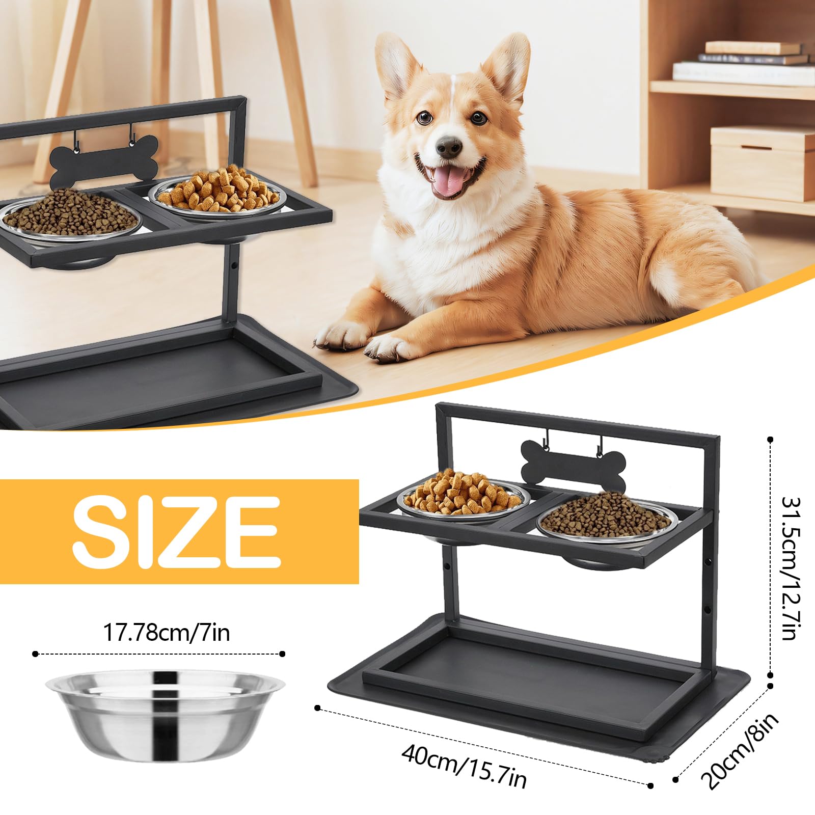 Comedero Elevado para Perros con 2 Cuencos De Acero Inoxidable Tapete Antifugas Altura Ajustable En 3 Niveles Color Negro 42 X 32 X 20,5 Cm