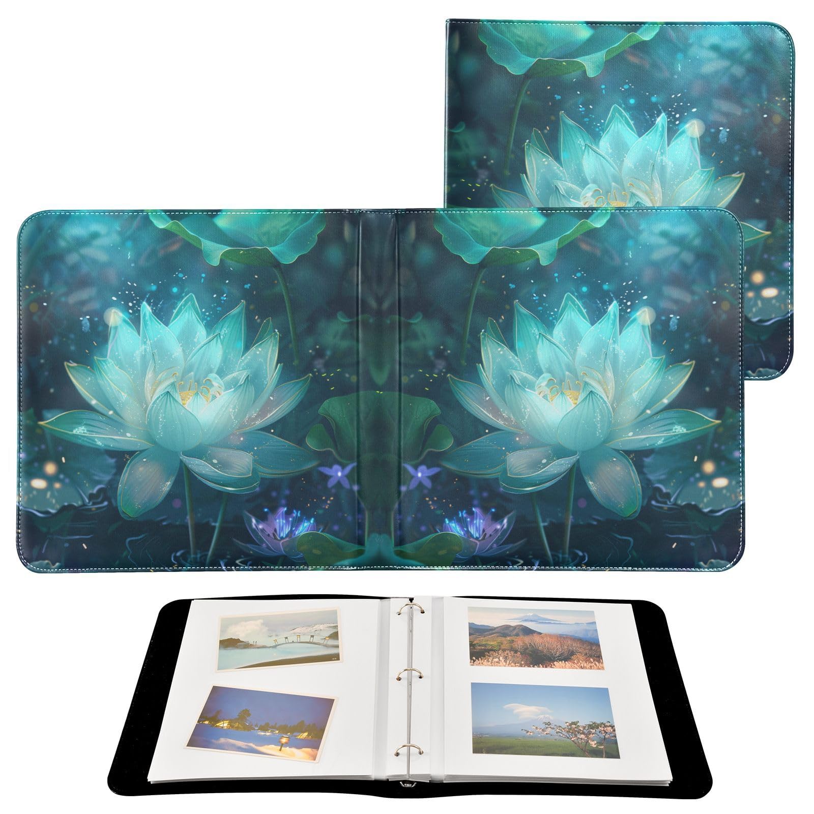 JIPONI Glowing Turquoise Lotus Flower Large Photo Album, DIY Leather Cover Scrapbook Albums for 4x6 5x7 6x8 Pictures, Self Adhesive Memory Book for Wedding, Baby, Family
