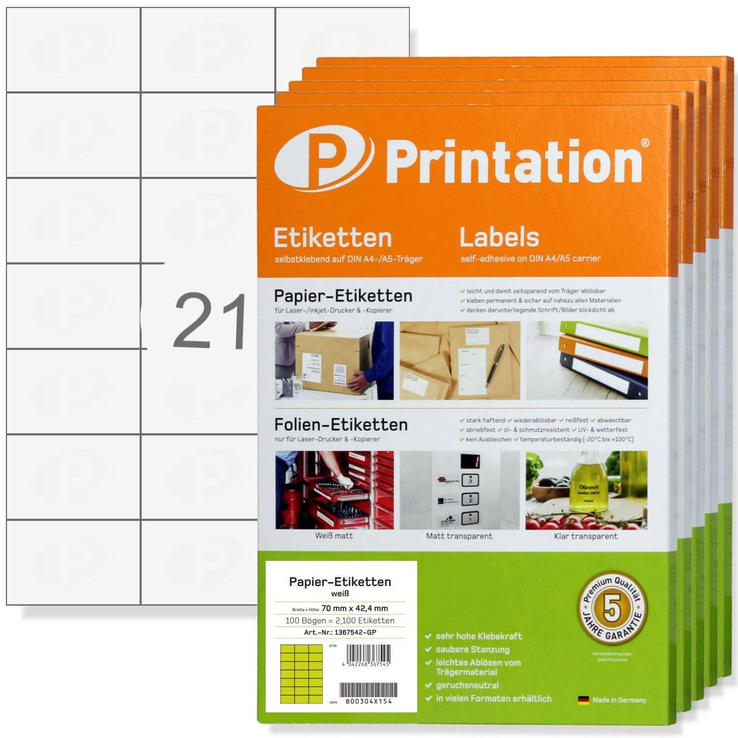 Printation Etichette 70 x 42,4 mm - 10500 Etichette bianche stampabili 70x42,4 / Etichette per indirizzi su 500 fogli a4 adesivi per stampante 3x7-24 Etichette per Foglio, Bianco - 1779 12062 2521