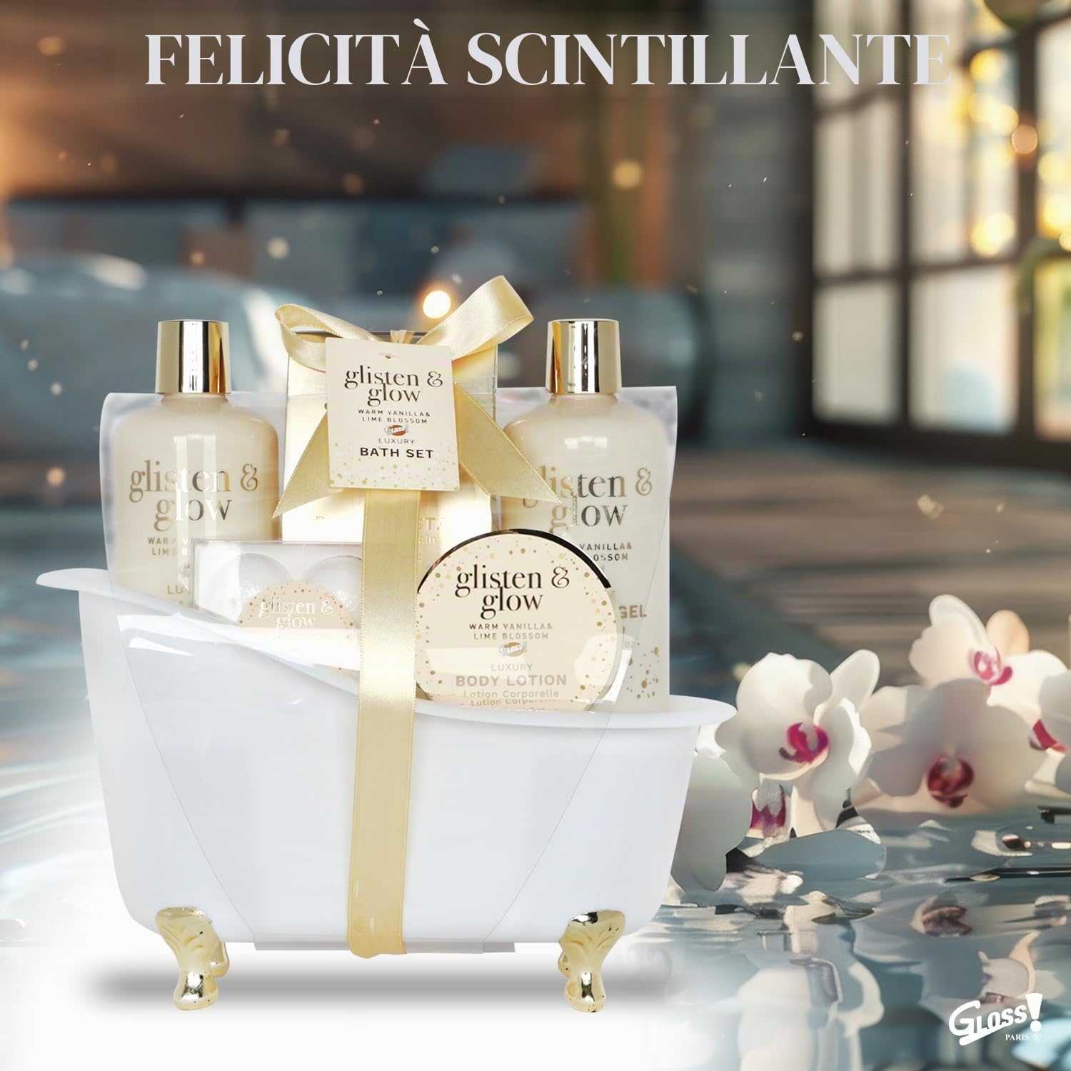 GLOSS ! Cofanetto da bagno LUXURY GOLD – Cofanetto di bellezza per donna – Cesto di bellezza, cura e benessere – Regalo per donna, compleanno, Natale, insegnante, festa della mamma - BAIGNOIRE