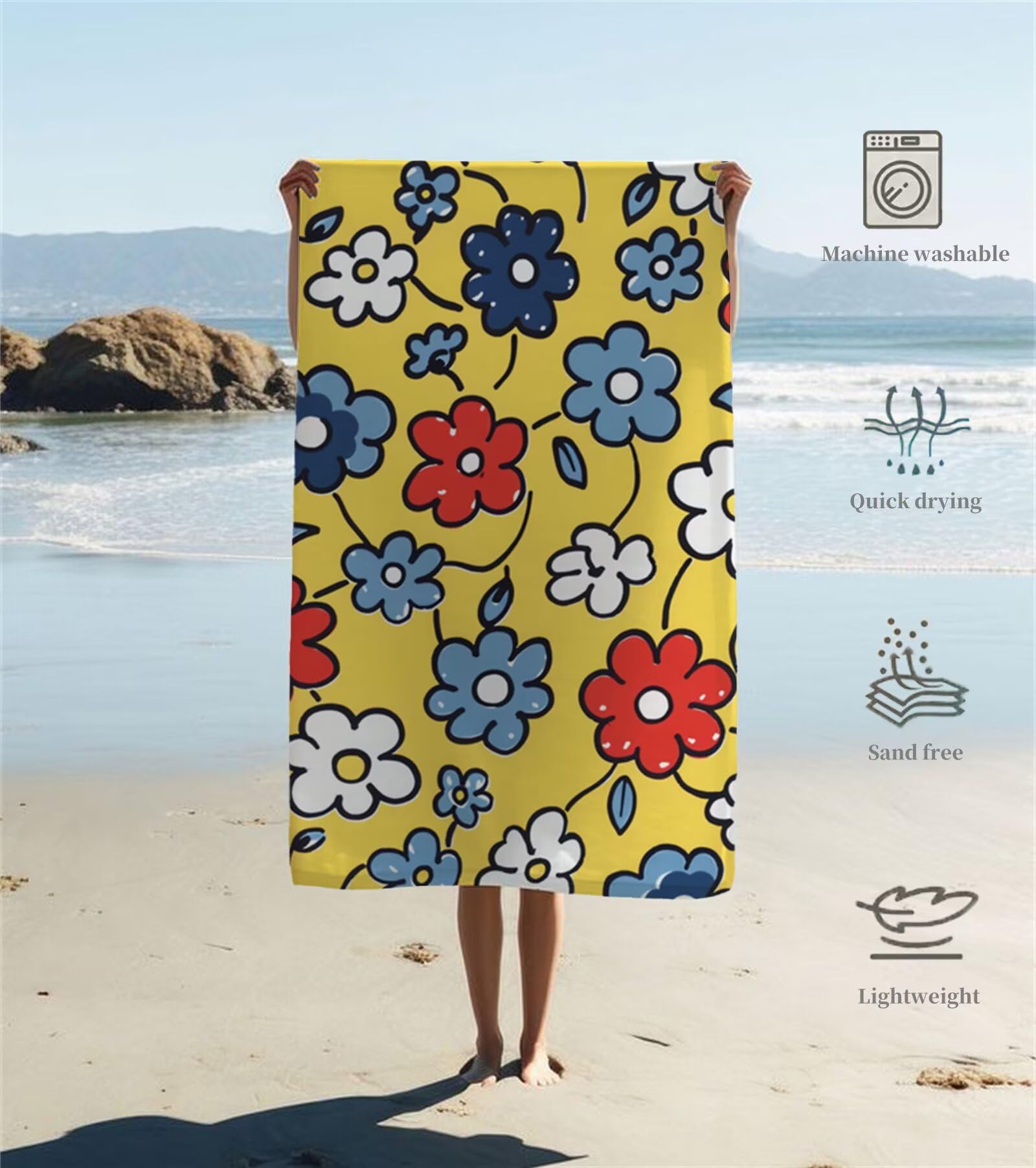 Duży ręcznik plażowy 220 x 100 cm Ręcznik z mikrofibry Antypiaskowy, Ręczniki kąpielowe Żółte kwiaty Ręczniki plażowe Szybkoschnący, Lekki chłonny ręcznik kąpielowy Ręcznik plażowy na siłownię Podróż