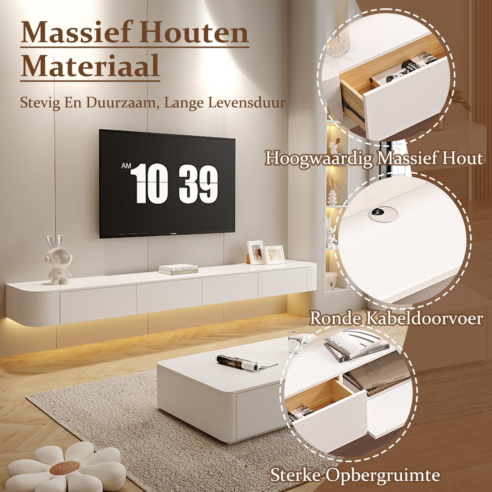 Soporte flotante de pared para TV con almacenamiento, armario bajo de 300 cm para televisores de 75 a 100 pulgadas, elegante diseño negro para sala de estar, centro de entretenimiento que ahorra