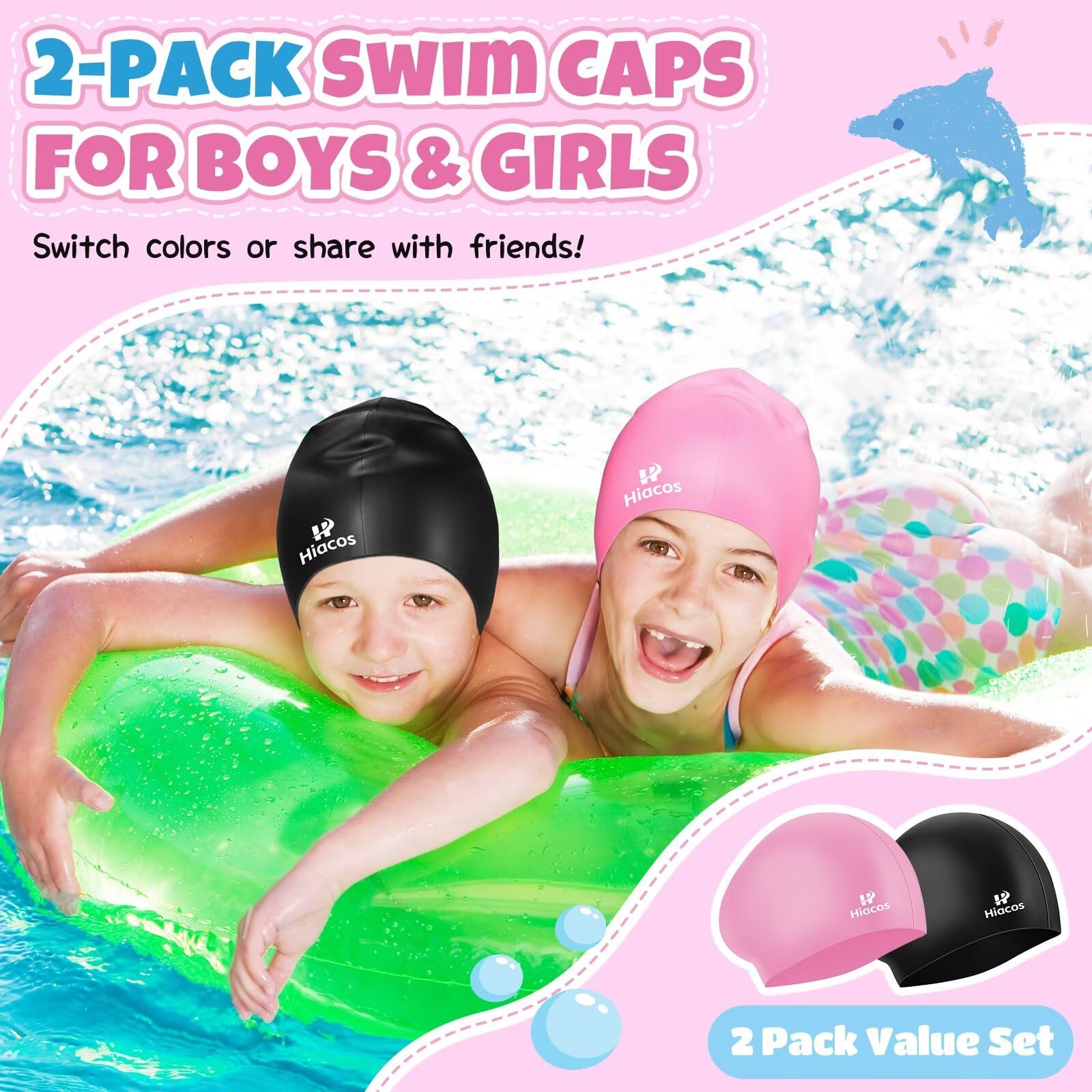 Paquete de 2 gorros de natación para niñas y niños, gorro de natación de silicona de 2 tamaños para niños y adolescentes, sombreros de natación impermeables para cabello largo para mantener el cabello