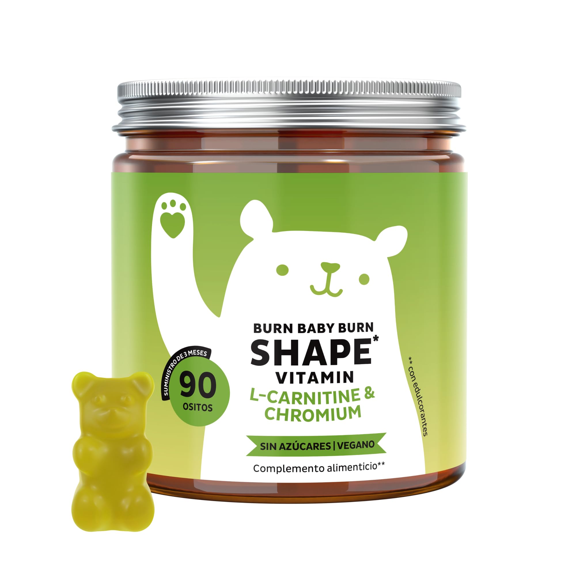 Gummies para el Metabolismo - Burn Baby Burn Shape Vitamin - Con L-Carnitina, Cromo, Extracto de Té Verde, Biotina y Zinc - 90 unidades (3 meses) - Vegano, Sin Azúcares - Bears with Benefits