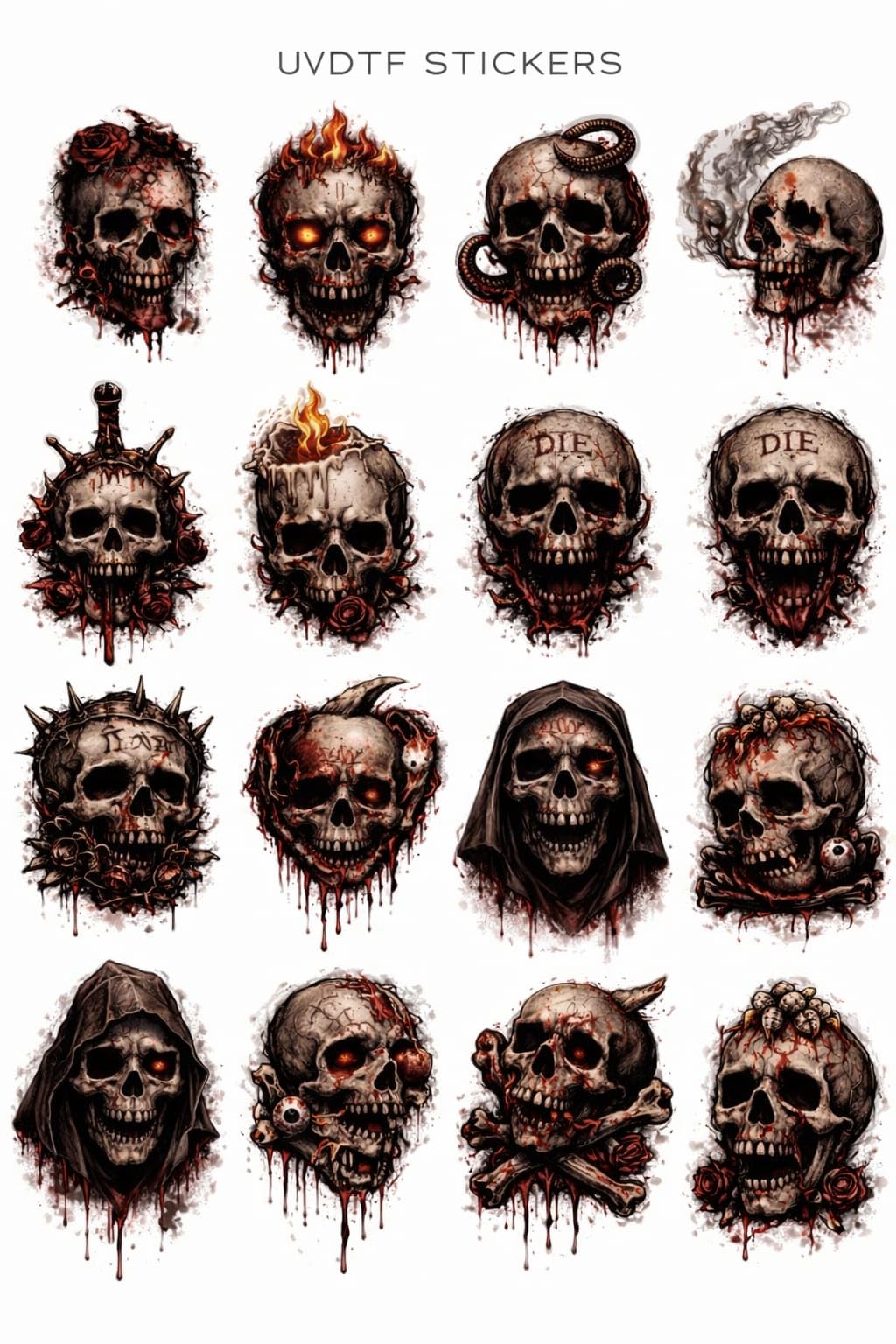 UVDTF Skull Gothic Waterproof Decal Stickers, 2.5x2.5 Inch, for Mugs, Water Bottles, Laptops, Pack of 16