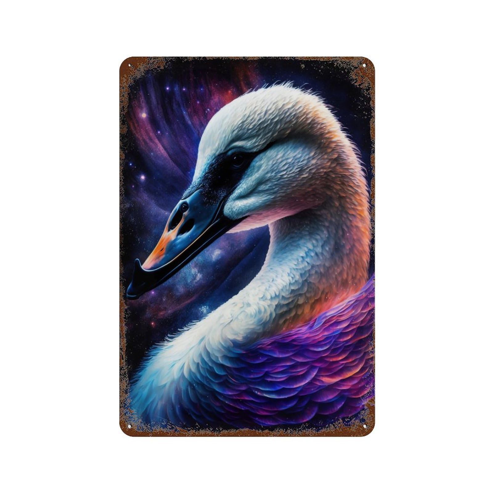 Garage Style Cosmic Swan Art Print-15 Distressed Metal Wall Sign 11.8"x7.9", Shabby Chic Decor for Bar And Workshop