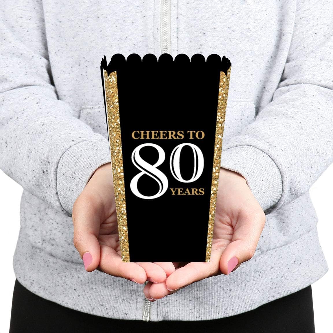 Big Dot of Happiness Adult Black & Gold 80th Birthday Popcorn Boxes - 12 Ct | Treat Box for Snacks, Candy, Small Party Favors, Eightieth Milestone Birthday Party Supplies, Heavy-duty Cardstock, USA-made