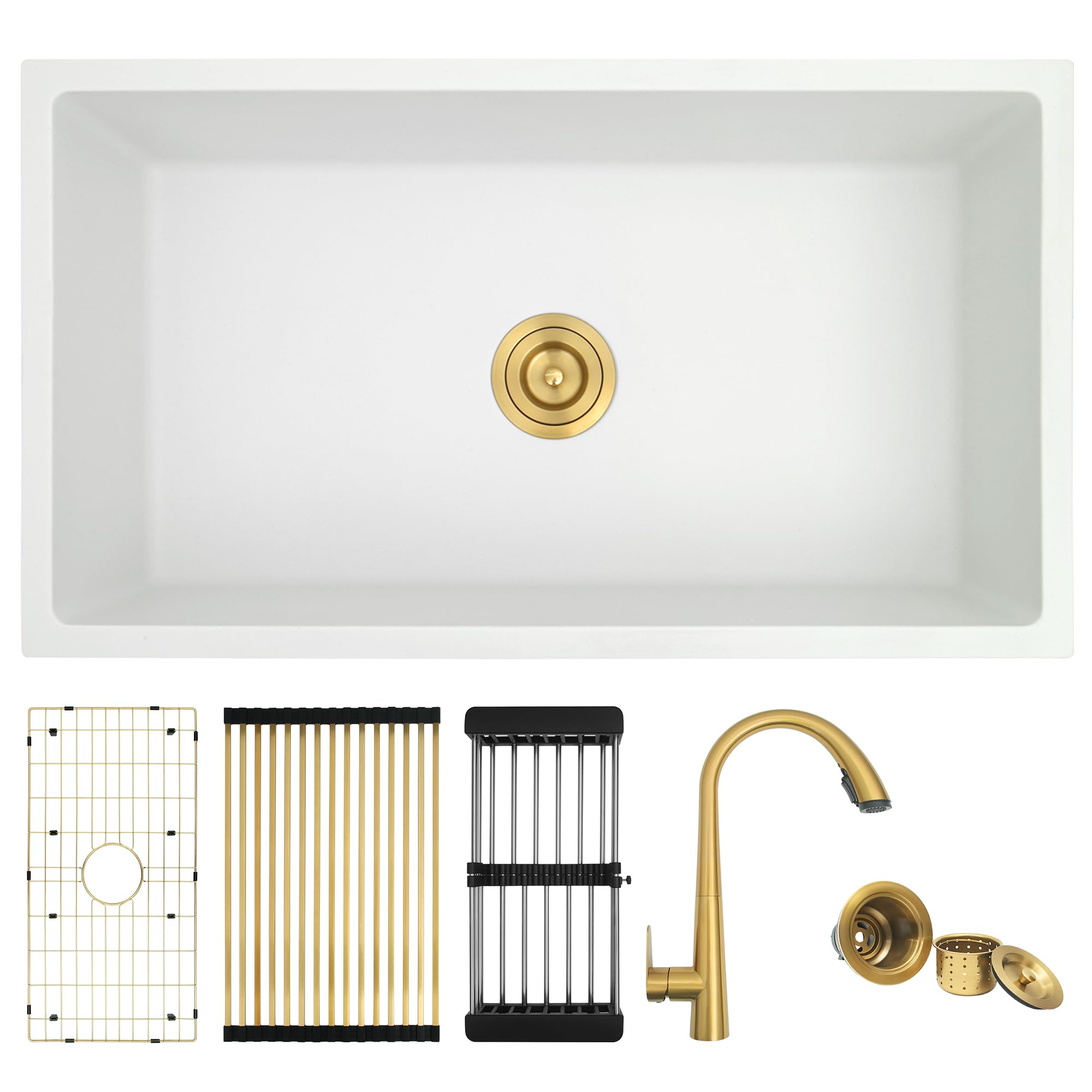 MILOSEN Undermount Kitchen Sinks, White Kitchen Sink 32''x18'', 10'' depth Large Deep Single Bowl Kitchen Sink White, Granite Composite Kitchen Sink with Accessories