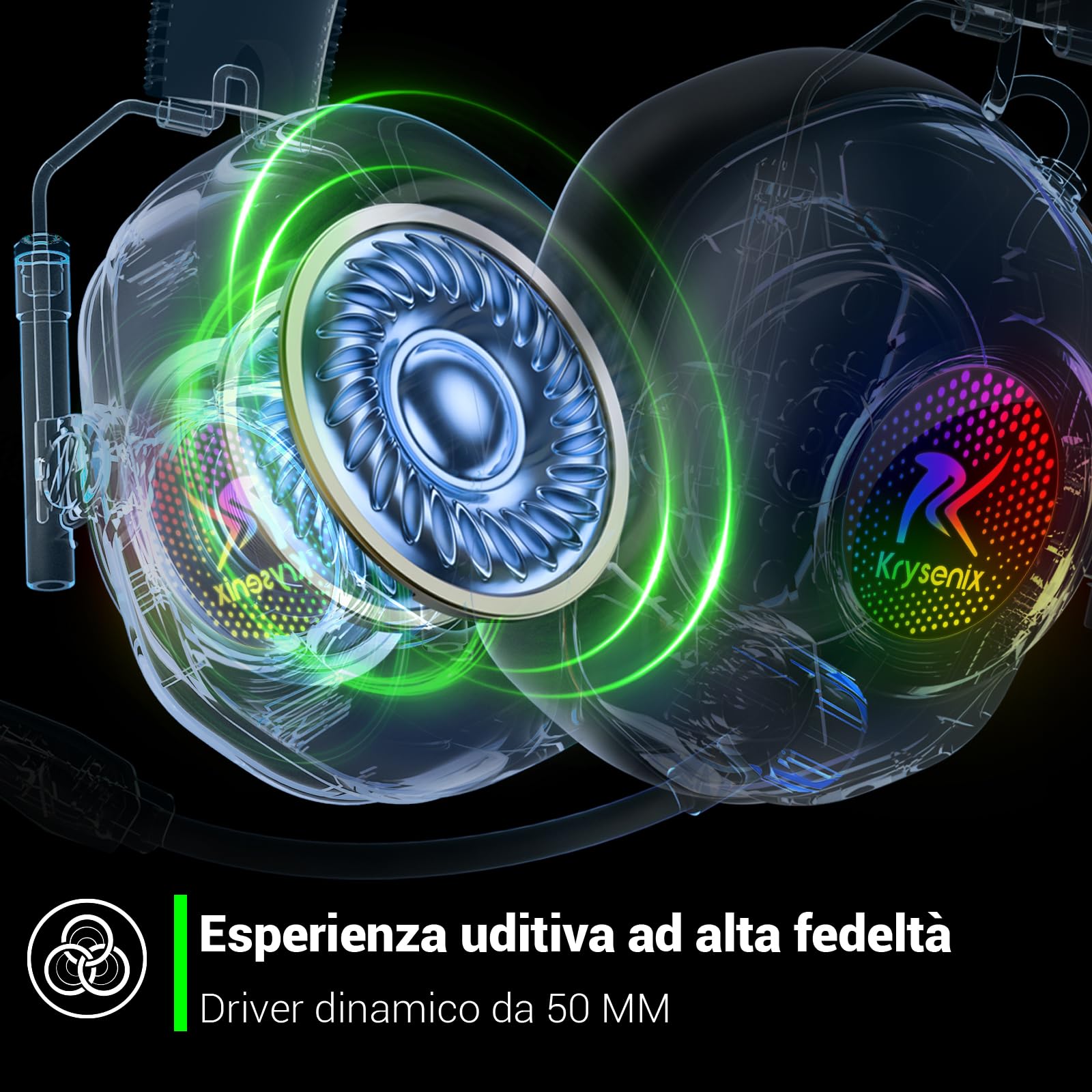 Krysenix KGH2 Cuffie Gaming Wireless, 2,4 GHz Cuffie Gaming per PS4, PS5, PC, Mac, Switch, Cuffie Bluetooth con microfono, Cancellazione del Rumore, Nero