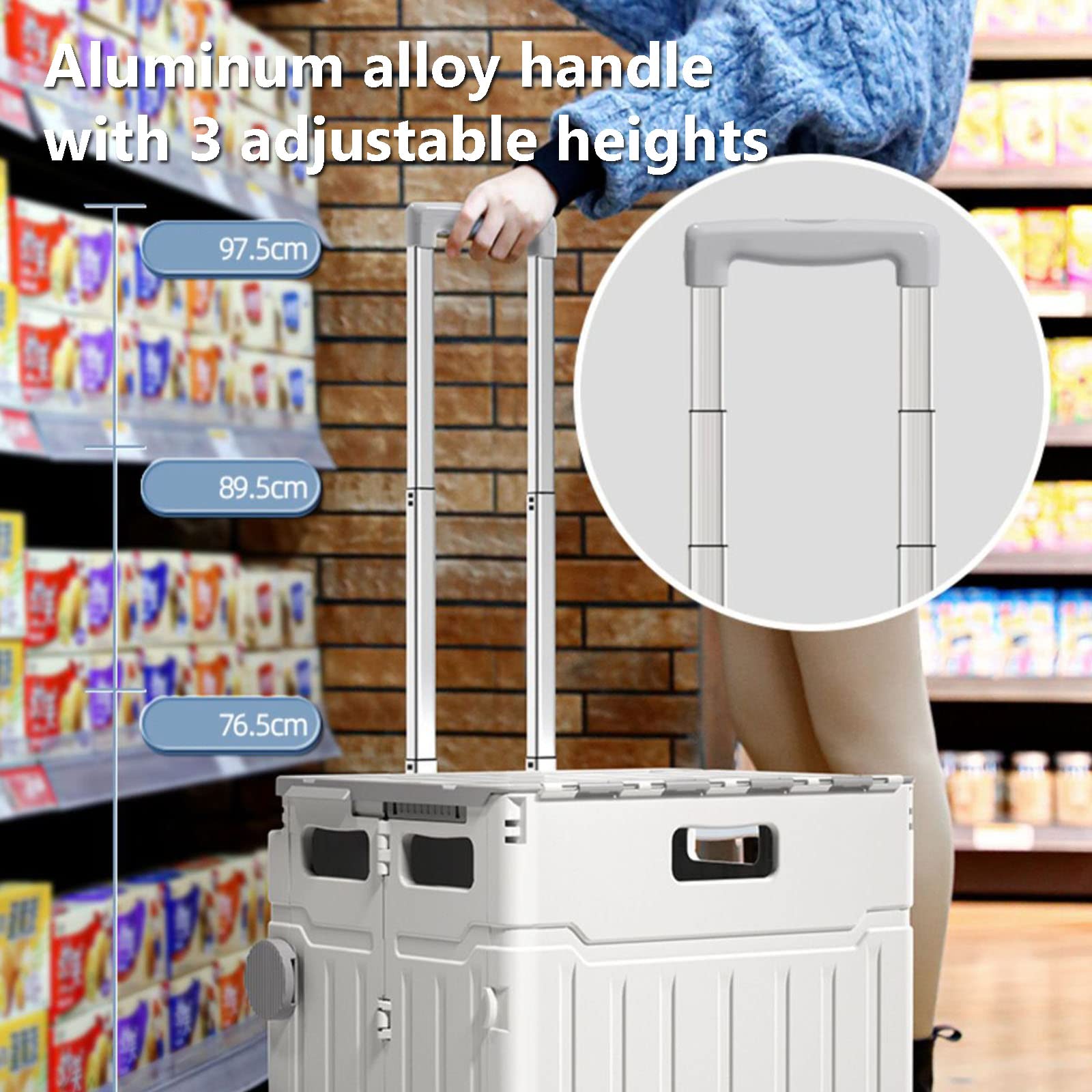 Carrito de compras plegable para escalera, carrito de comestibles con tapa, capacidad de 50 kg, portátil, ligero, de aluminio y plástico, mango telescópico, color gris