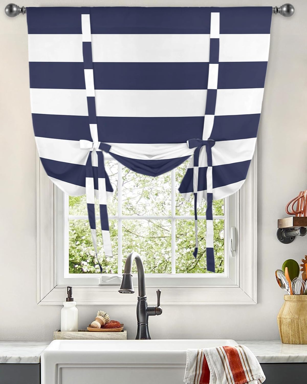 Tie Up Curtains for Windows Classical Nautical Stripe Valance Adjustable Balloon Curtain Navy Blue Tie Up Shades for Kitchen Living Room Bedroom Bathroom Privacy Rod Pocket Curtain Drape 34x45 Inch