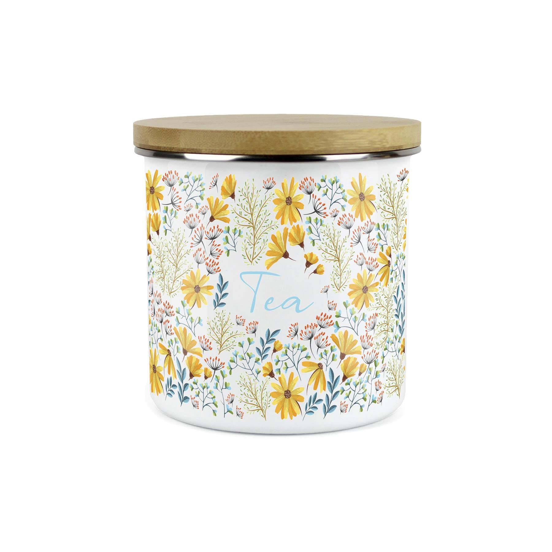 Purely Home Tea Floral Daisies Canister - White Metal Enamel Kitchen Food Storage Container