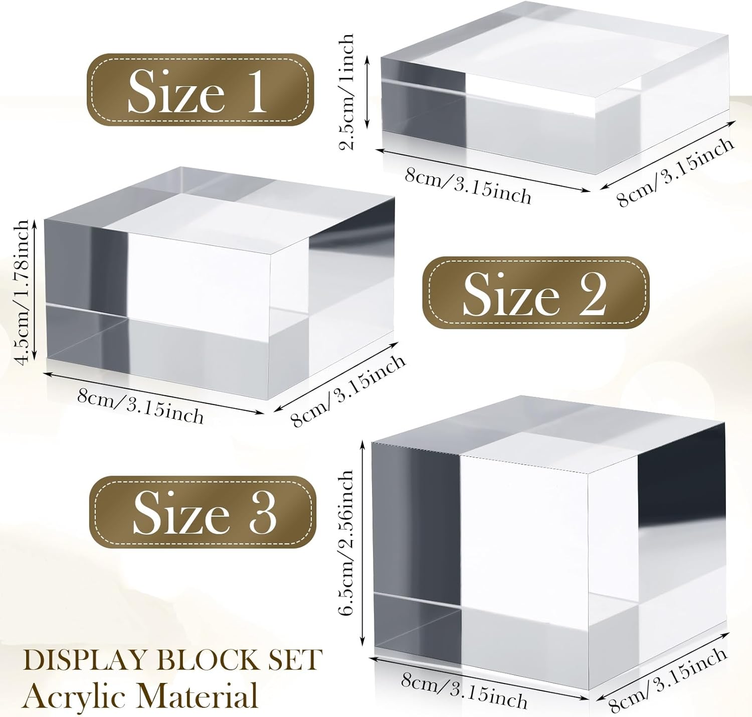 Condition photo showing Good Condition for Geelin Acrylic Risers Stand Display Block Decor Riser 3 Size Decor Clear Polished Acrylic Cube Solid Pedestal Stand Square for Jewelry Perfume Photography Collection Food Doll Wedding(6 Pcs)