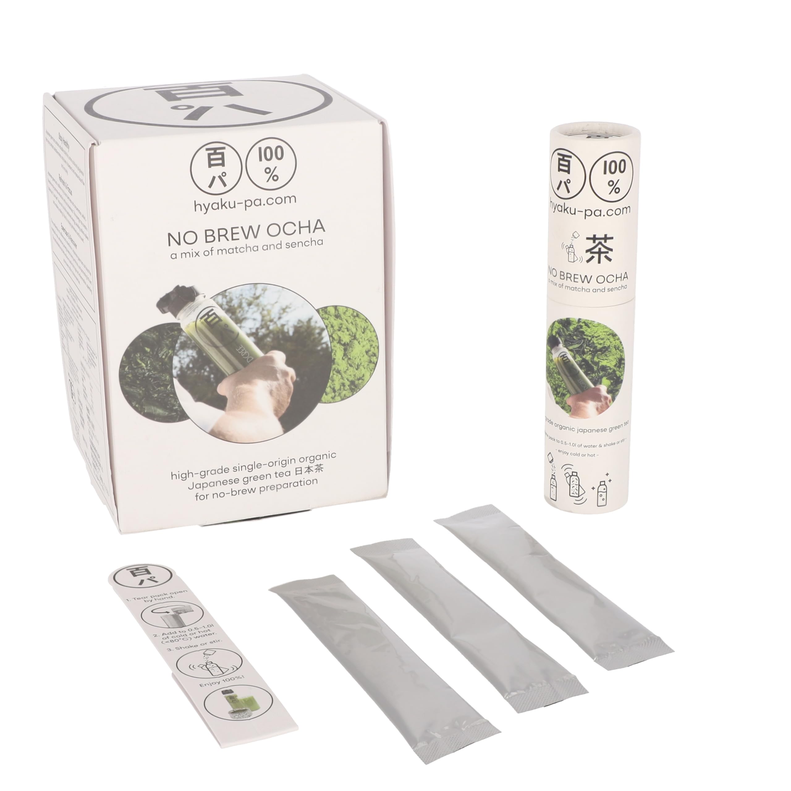 HYAKU-PA No Brew Ocha, Bio Grüner Tee zum Schütteln, japanischer Matcha und Sencha, 27 Packs (67,5 g)
