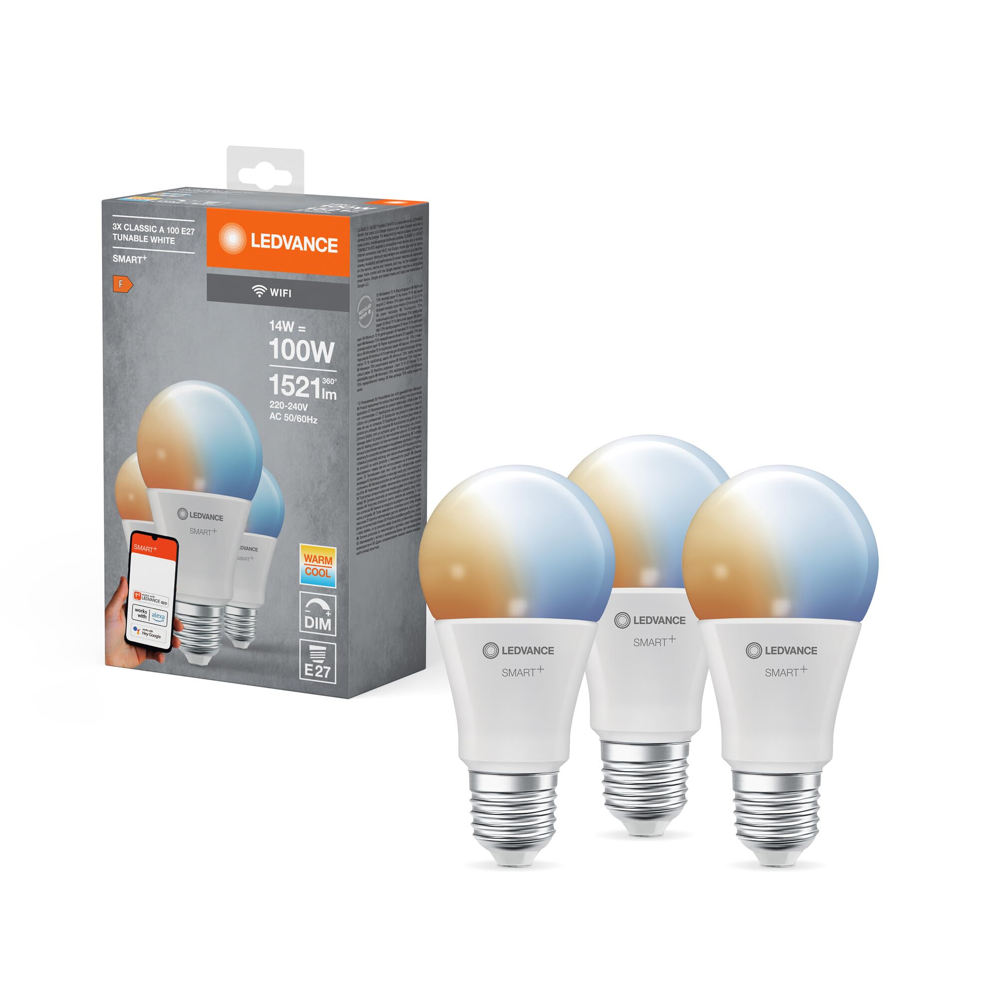 LEDVANCE Lampada LED intelligente con tecnologia WiFi, E27-base ottica opaca,Colore della luce modificabile (2700K-6500K), 1521 Lumen, sostituzione delle lampade 100W, 3-Confezione