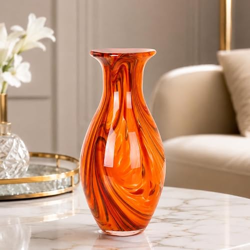 Hand Blown Glass Flower Vase, Amber Orange Colored Art Glass Vase, 11 Inch | Modern Boho Art Glass Vase for Flowers, Decorative Table Centerpiece for Living Room, Office, Shelf, Wedding and Home Decor