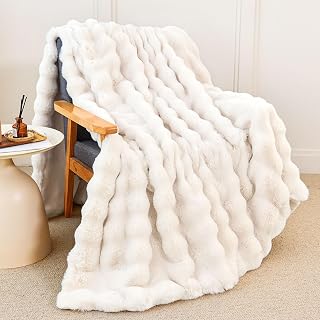 Admitrack Faux Rabbit Fur Throw Blanket 50x60 Cream White - Fluffy Soft Plush Bubble Blanket for Couch Bed Sofa