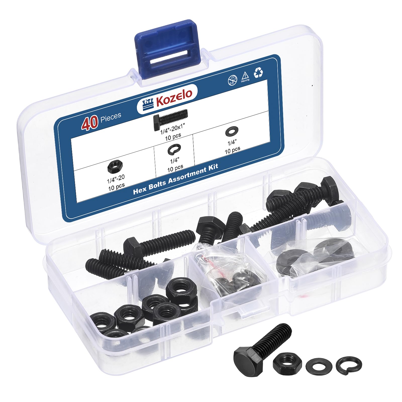 Kozelo 40 Pcs Bolts and Nuts Washers Kit - [1/4"-20x1"] Carbon Steel Hex Tap Bolt Assortment Fully Threaded Hexagon Head Machine Bolts Right Hand External Hex Drive, Black