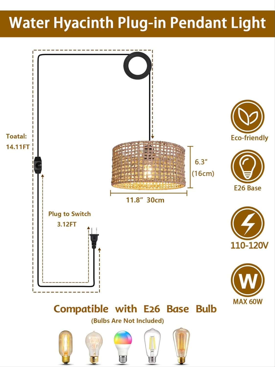 Plug in Rattan Pendant Light, Open-Weave Drum Shade, 15ft Cord with Rotary Switch, E26 Hanging Lamp for Kitchen Nook, Closet, Apartment