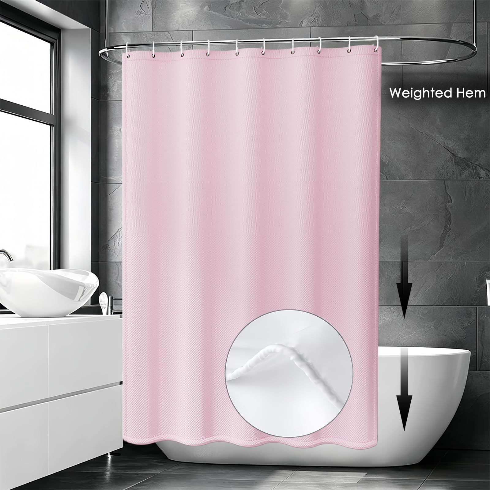Cortina de Ducha de Tela 240 x 80 cm Cortina de Ducha Resistente Al Moho - Antimoho, Impermeable, Lavable, de Poliéster con Ojales y Anillos, para Baño, Bañera, Rosa