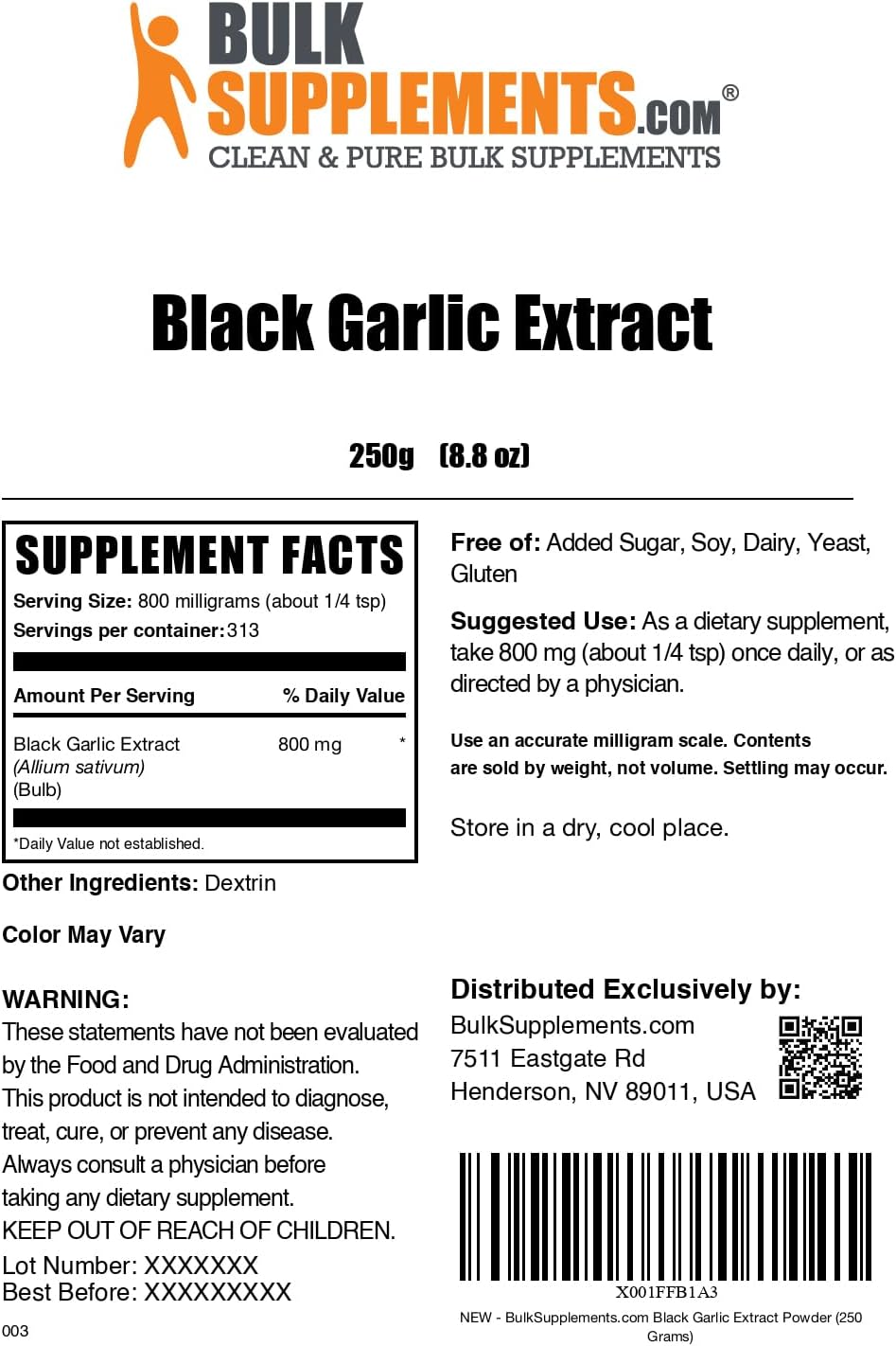BulkSupplements.com Black Garlic Extract Powder - Aged Garlic Extract, Herbal Supplement - Vegan & Gluten Free, 800mg per Serving, 250g (8.8 oz) (Pack of 1)