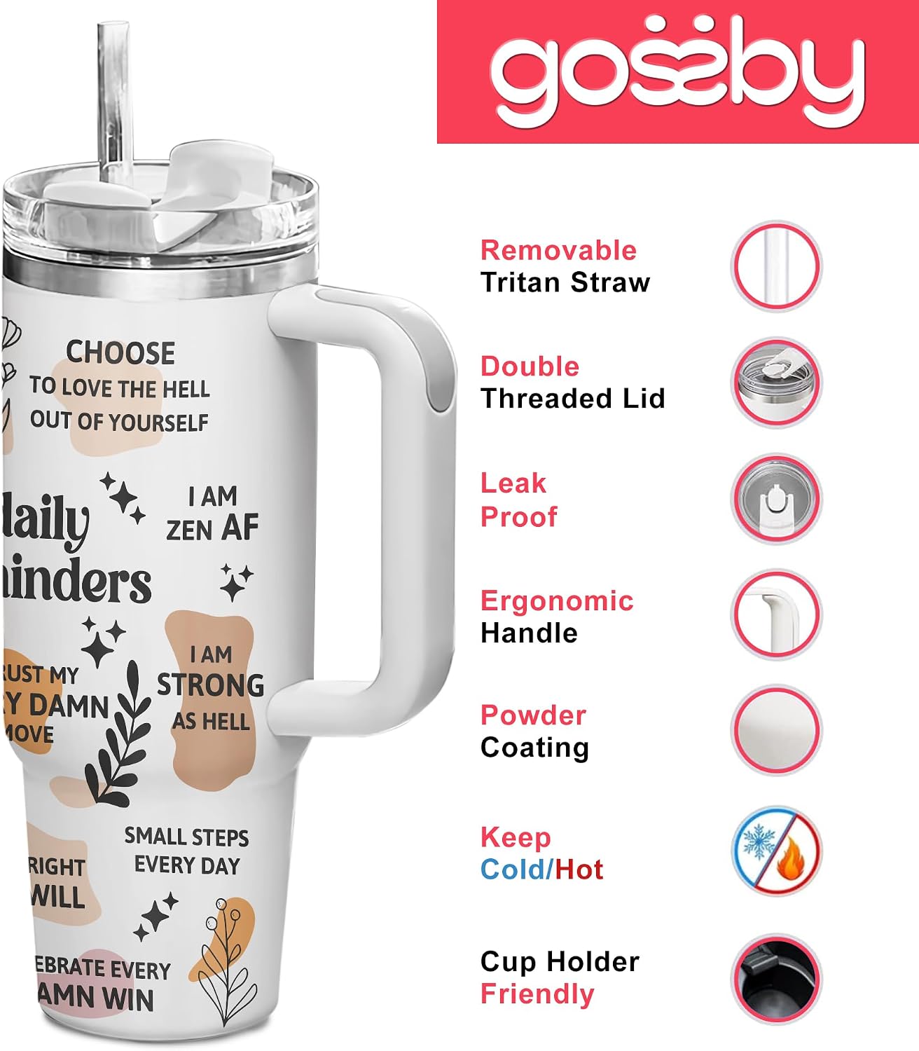 Gossby Bestie Gift for Women - 30oz TUMBLER - Best Friend Tumbler for Women - Christmas, Birthday, Friendship Gifts - Stainless Steel Insulated Travel Mug with Handle (Daily Reminders Ver 2)