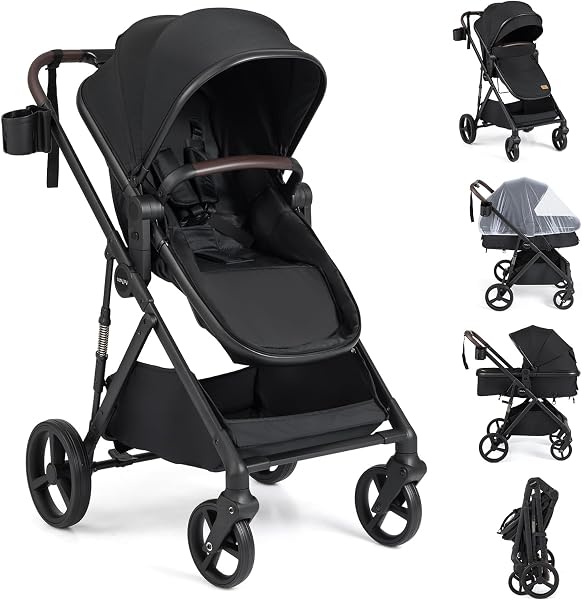 COSTWAY 3 in 1 Baby Stroller, Foldable Travel System Pram with Reversible Seat, Adjustable Canopy & Backrest, Mesh Net, Storage Basket, Lightweight Infant Newborn Pushchair for 0-36 Months (Black) - 1