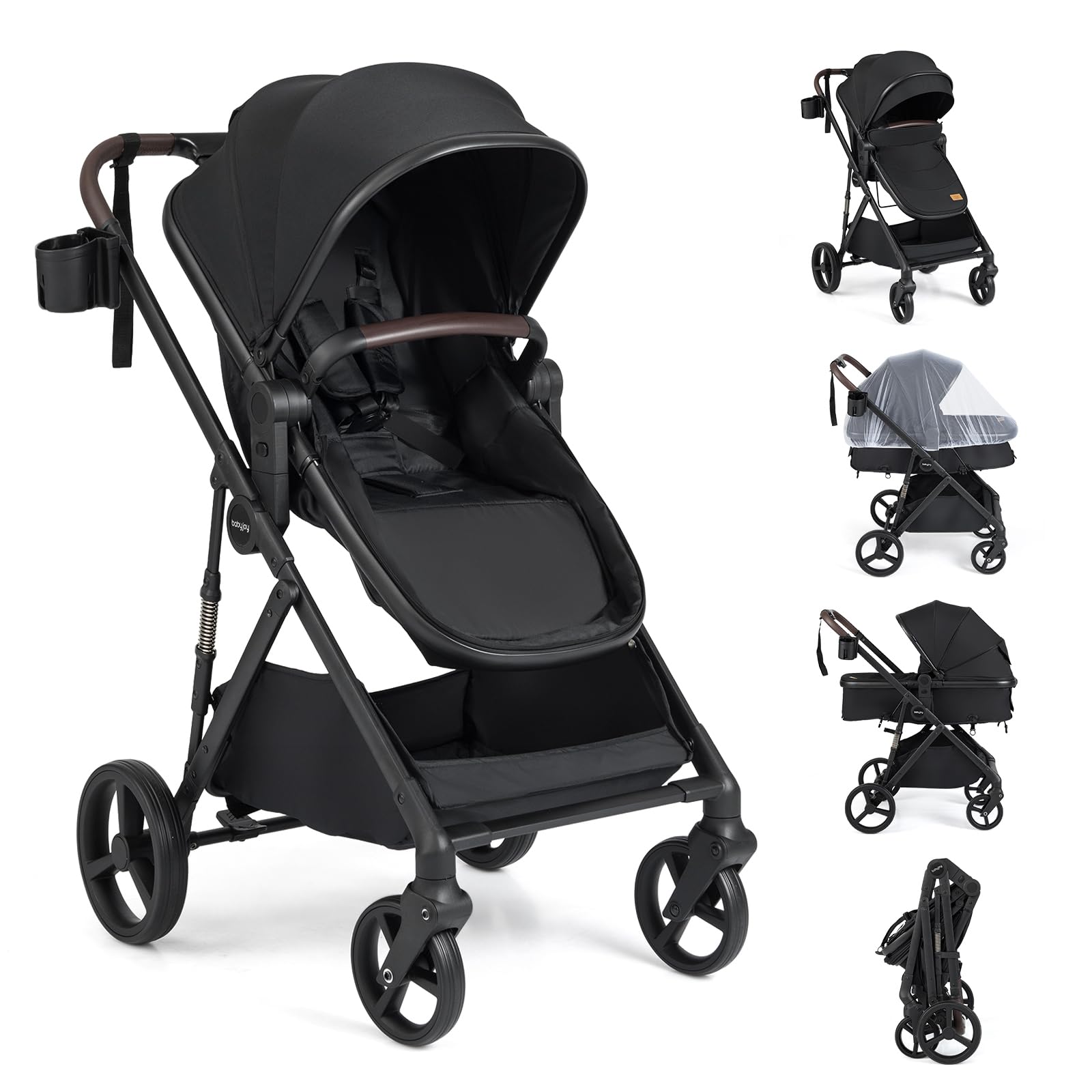COSTWAY 3 in 1 Baby Stroller, Foldable Travel System Pram with Reversible Seat, Adjustable Canopy & Backrest, Mesh Net, Storage Basket, Lightweight Infant Newborn Pushchair for 0-36 Months (Black)