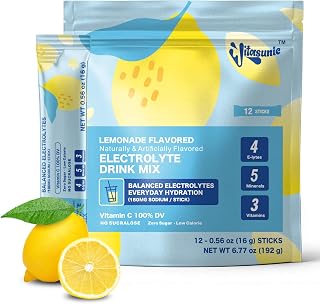 12 Hydration Packets, Sugar Free Lemonade Electrolyte Powder Hydration Drink Mix with 4 Electrolytes and 100% DV Vitamin C, Low Calorie, No Sucralose, Vegan, Keto & Gluten-Free
