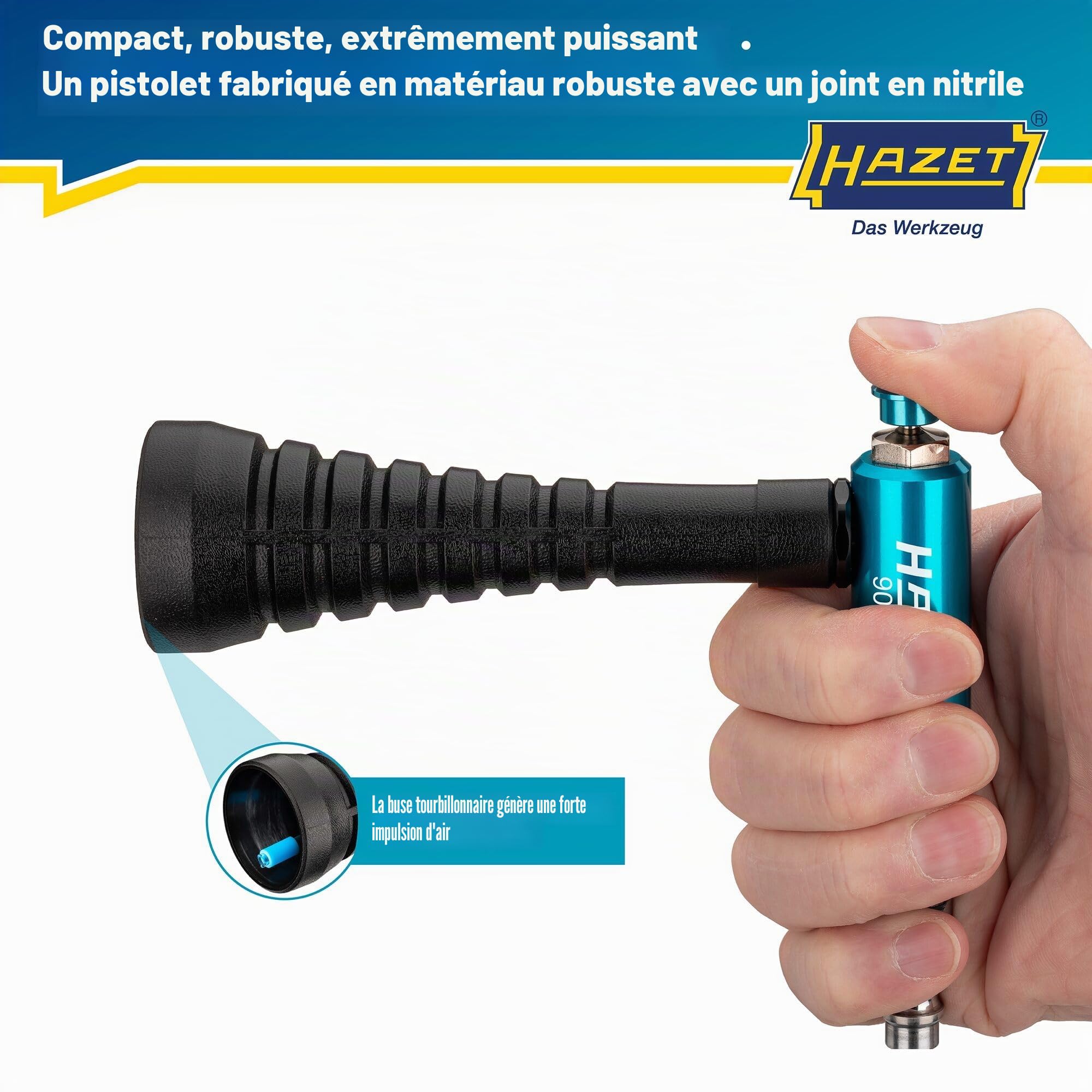 Pistolet à air comprimé HAZET 9040T-1, buse de tourbillonnement pour impulsion d'air, pression de service 6 bars, poignée ergonomique, pour un enlèvement rapide des copeaux, tapis de sol, jantes