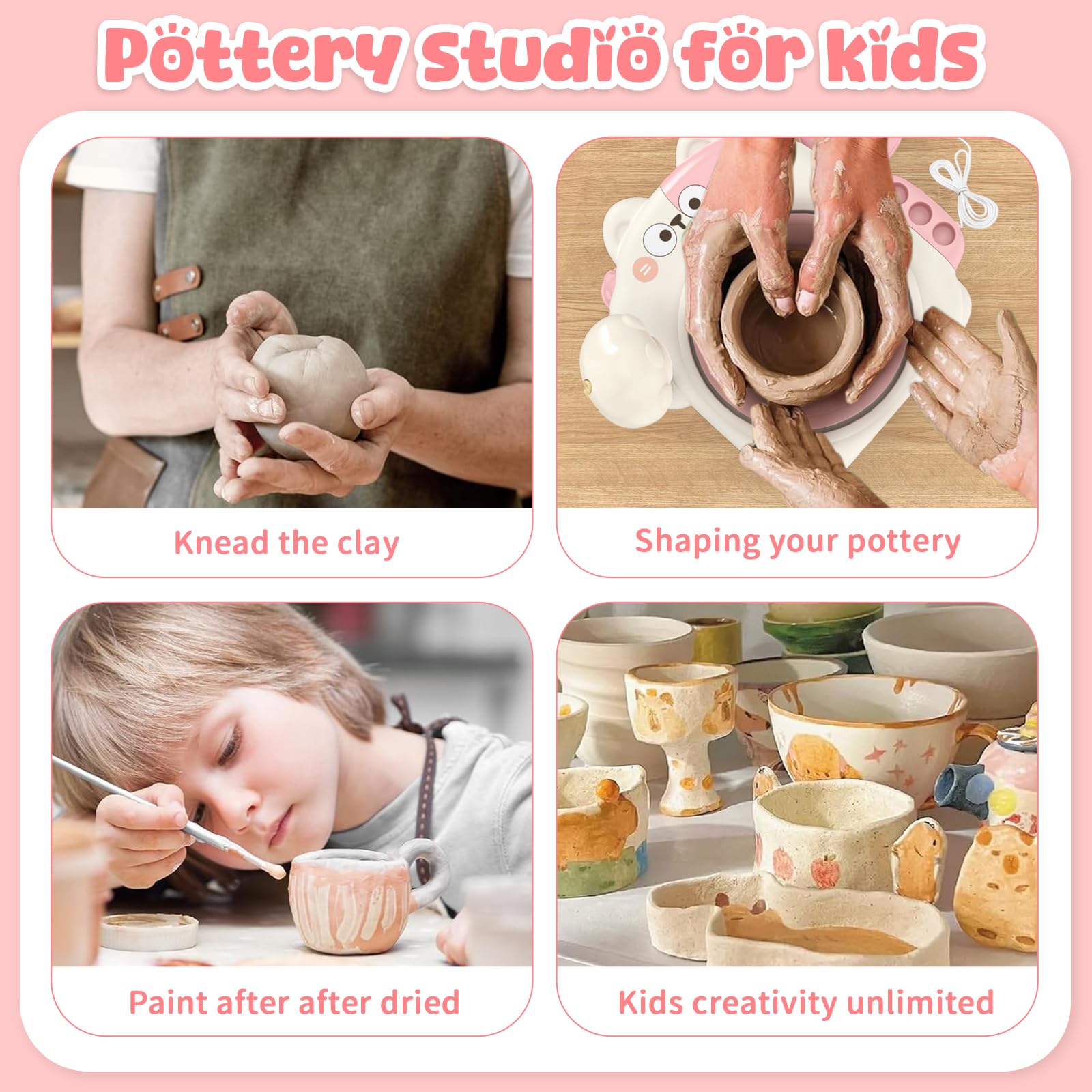 Skirfy Pottery Wheel for Kids Beginners with Light,Arts and Crafts for Kids Ages 8-12,Ceramic Wheel with Painting Kit, Adjustable Speed,Birthday Christmas Thanksgiving Gift for Girls Boys Age 6+