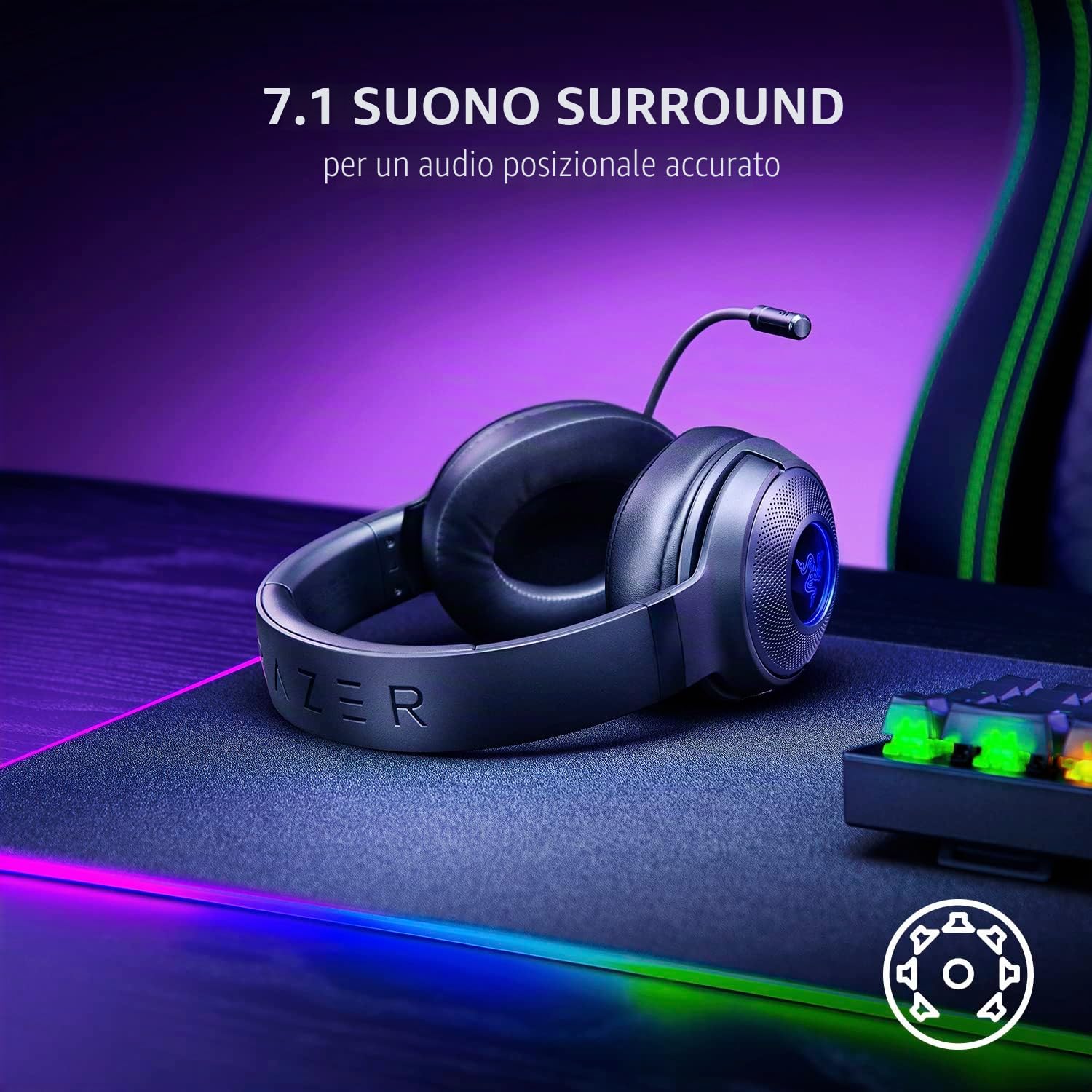 Razer Cuffie da gioco USB cablate Kraken V3 X: struttura leggera - driver triforce da 40 mm - microfono cardioide HyperClear - suono surround 7.1 - illuminazione Chroma RGB - nero