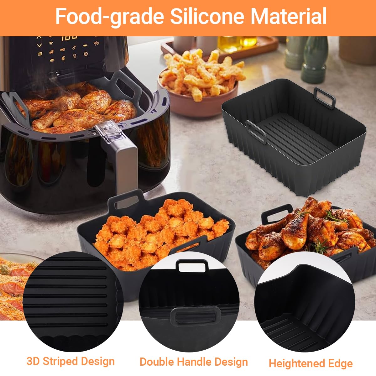 GVSS 2 Stampo In Silicone Per Friggitrice Ad Aria - 21,5x14,5x7 Cm, Adatto Per Ninja Dual, Cosori, Tefal, Philips - Senza BPA, Con Manici Termici, Lavabile In Lavastoviglie