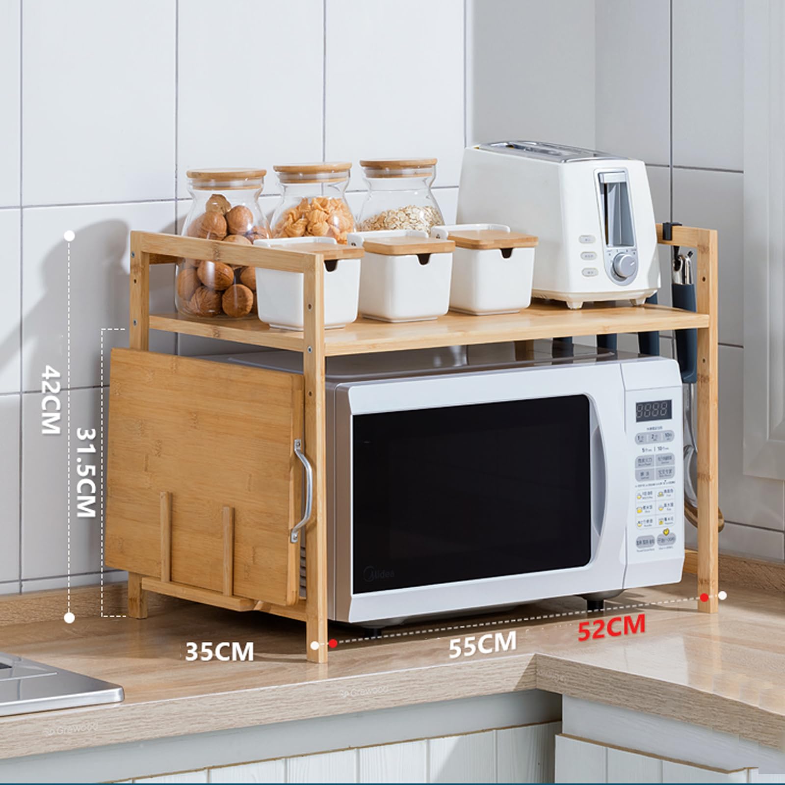 2-poziomowy bambusowy stojak do kuchenki mikrofalowej, regulowana półka kuchenna z haczykami i stojakiem na deskę do krojenia, rustykalny minimalistyczny oszczędność miejsca do przechowywania w kuchni